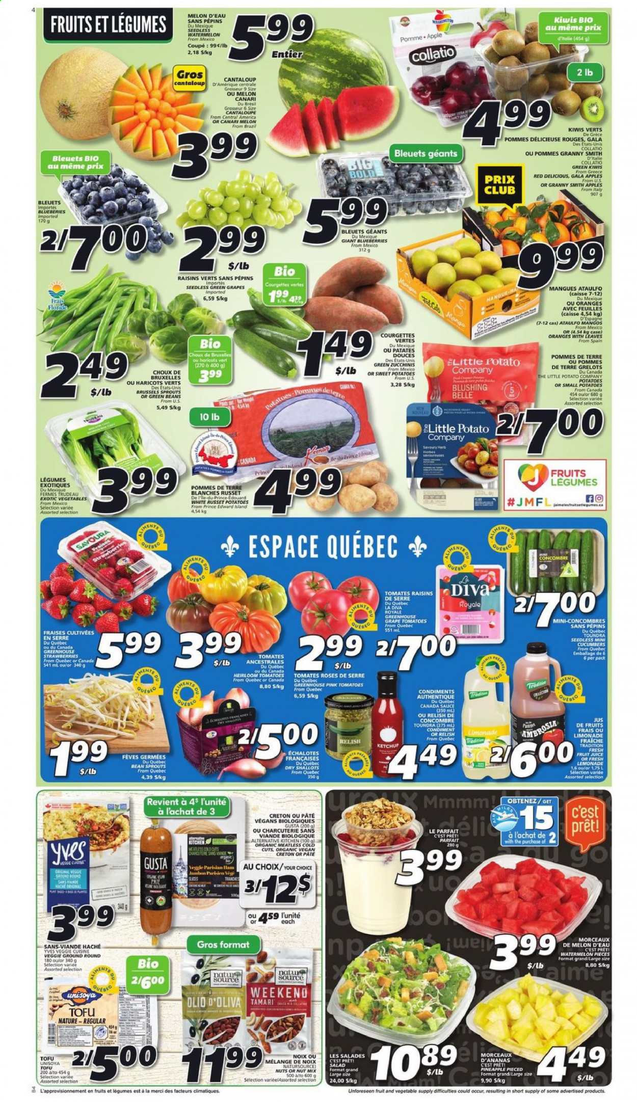 thumbnail - IGA Flyer - April 15, 2021 - April 21, 2021 - Sales products - beans, cantaloupe, cucumber, green beans, russet potatoes, shallots, sweet potato, tomatoes, potatoes, salad, bean sprouts, brussel sprouts, apples, blueberries, Gala, Red Delicious apples, strawberries, watermelon, pineapple, melons, Granny Smith, sauce, tofu, Merci, dried fruit, lemonade, juice, fruit juice, kiwi, raisins. Page 3.