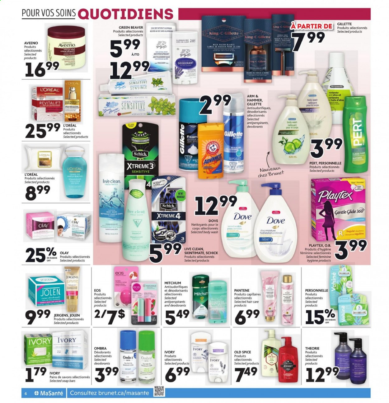 thumbnail - Brunet Flyer - April 15, 2021 - April 21, 2021 - Sales products - Aveeno, ARM & HAMMER, body wash, soap, toothpaste, Playtex, L’Oréal, Olay, Jergens, anti-perspirant, razor, Schick, makeup remover, Gillette, shampoo, Pantene, Old Spice, deodorant. Page 4.