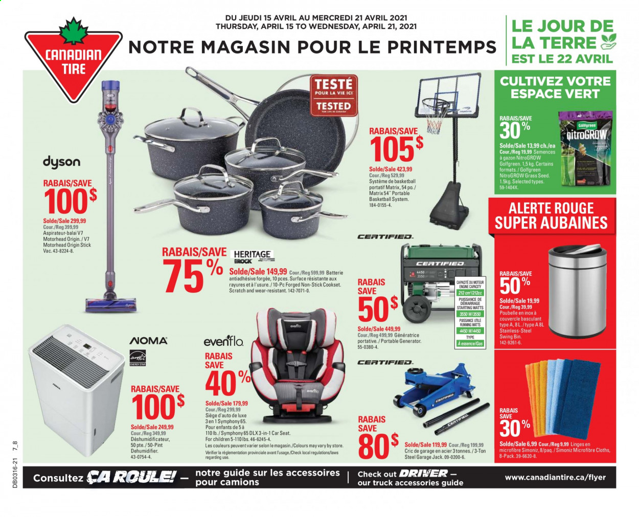 thumbnail - Canadian Tire Flyer - April 16, 2021 - April 22, 2021 - Sales products - bin, plant seeds, portable basketball system, basketball, baby car seat, generator, grass seed. Page 1.