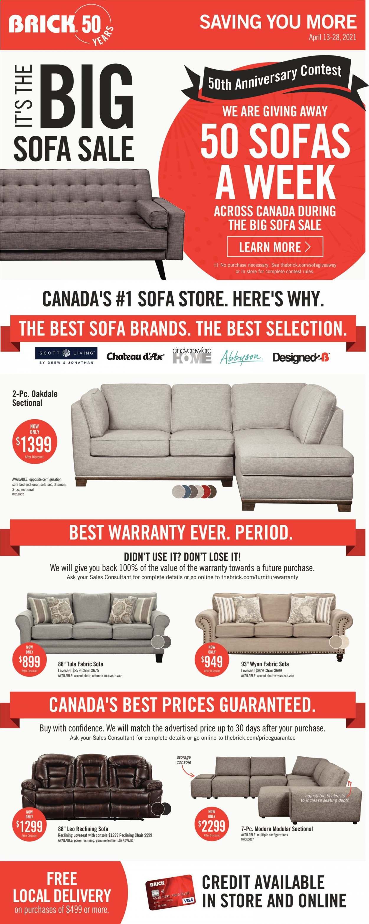 thumbnail - The Brick Flyer - April 13, 2021 - April 28, 2021 - Sales products - chair, accent chair, loveseat, sofa, sofa bed, ottoman, bed. Page 1.