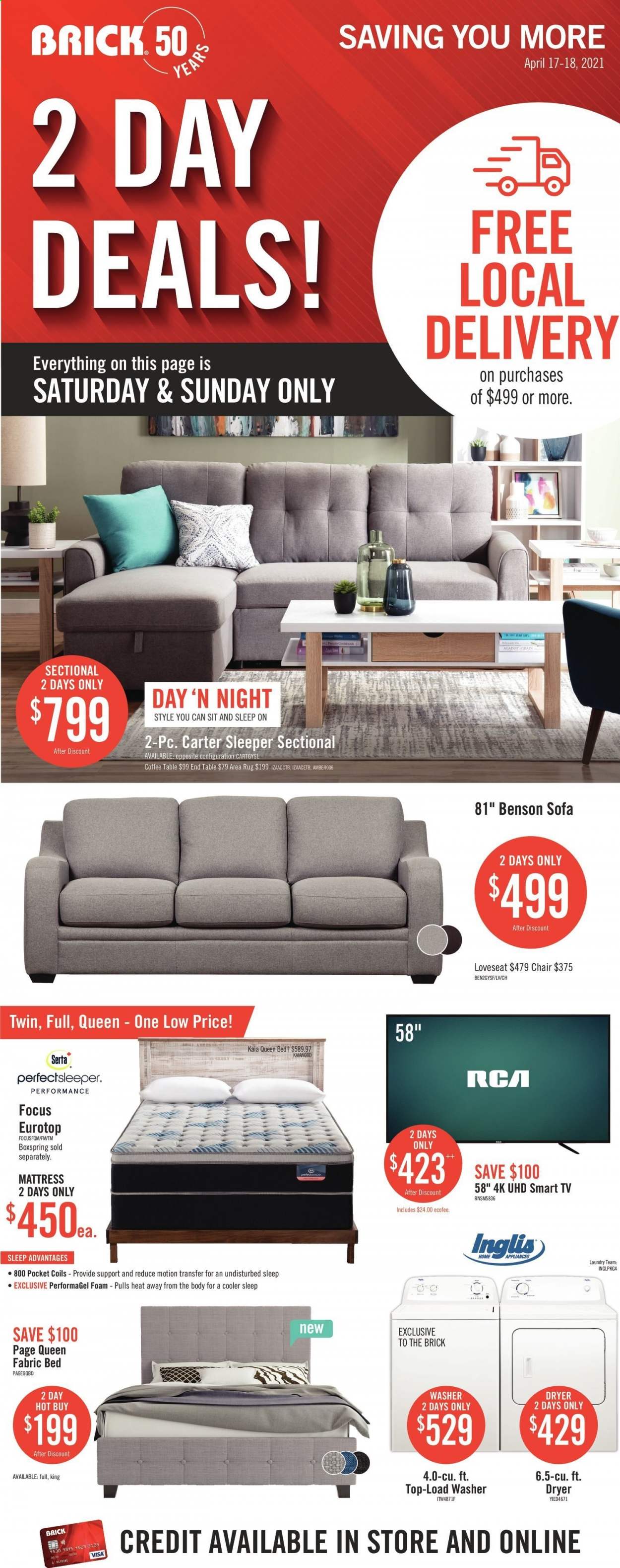 thumbnail - The Brick Flyer - April 17, 2021 - April 18, 2021 - Sales products - washer & dryer, washing machine, chair, loveseat, sofa, coffee table, end table, bed, queen bed, mattress, rug, area rug, smart tv. Page 1.
