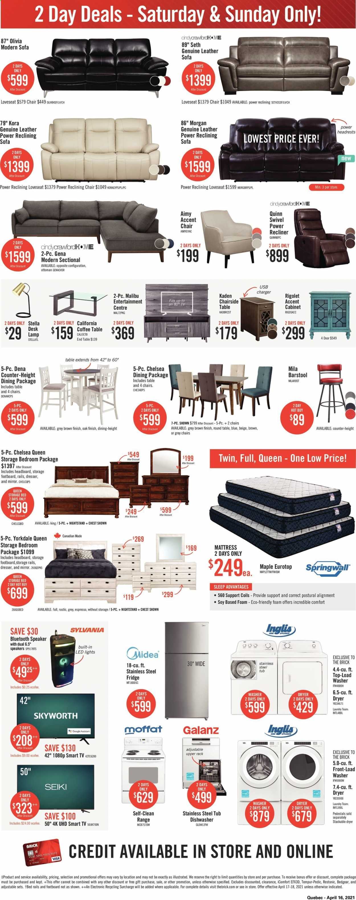 thumbnail - The Brick Flyer - April 17, 2021 - April 18, 2021 - Sales products - refrigerator, fridge, dishwasher, washing machine, cabinet, chair, bar stool, accent chair, leather sofa, loveseat, sofa, recliner chair, coffee table, end table, ottoman, storage bed, headboard, mattress, dresser, nightstand, mirror, lamp, LED light, smart tv. Page 2.