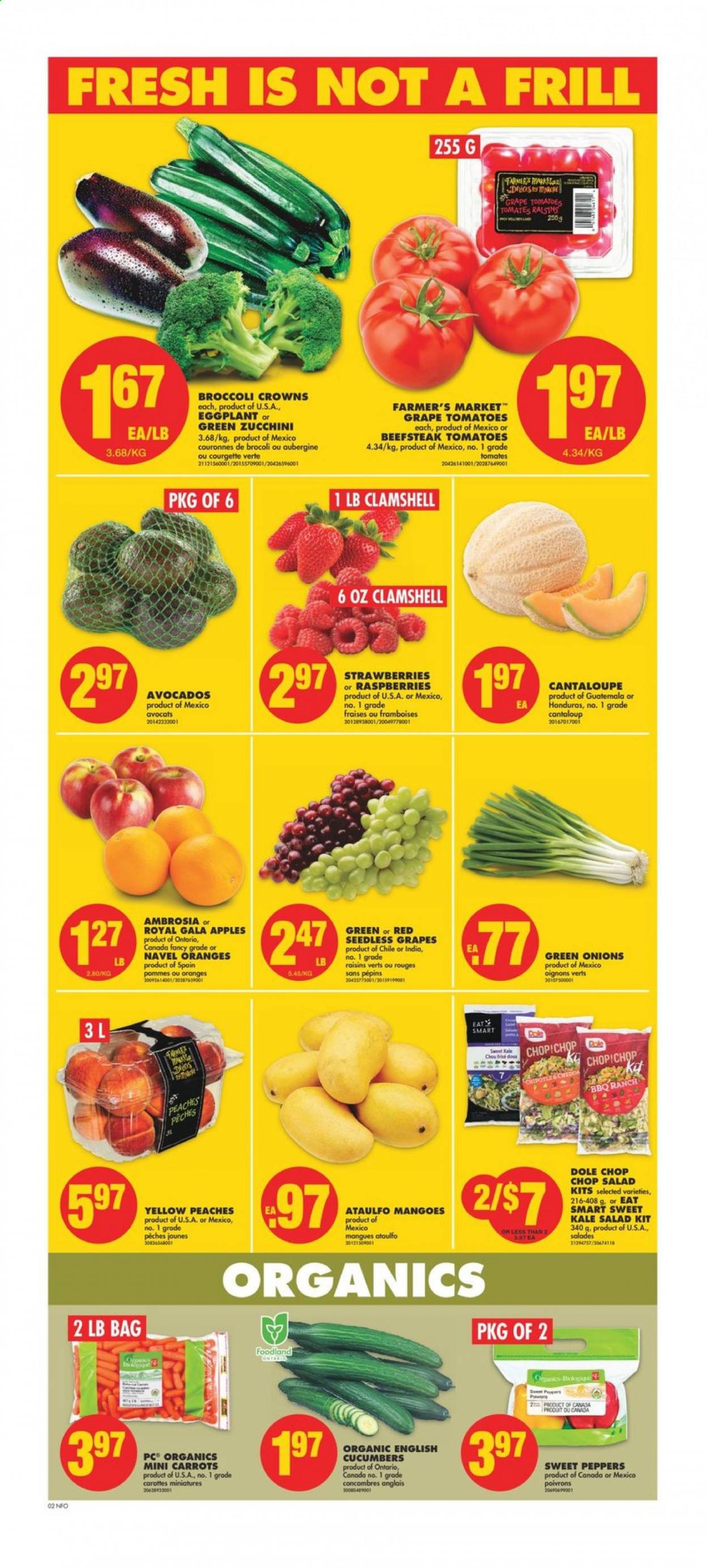 thumbnail - No Frills Flyer - April 15, 2021 - April 21, 2021 - Sales products - cantaloupe, carrots, cucumber, sweet peppers, tomatoes, zucchini, kale, salad, Dole, peppers, eggplant, green onion, apples, avocado, Gala, seedless grapes, strawberries, peaches, navel oranges, suet, dried fruit, raisins. Page 3.