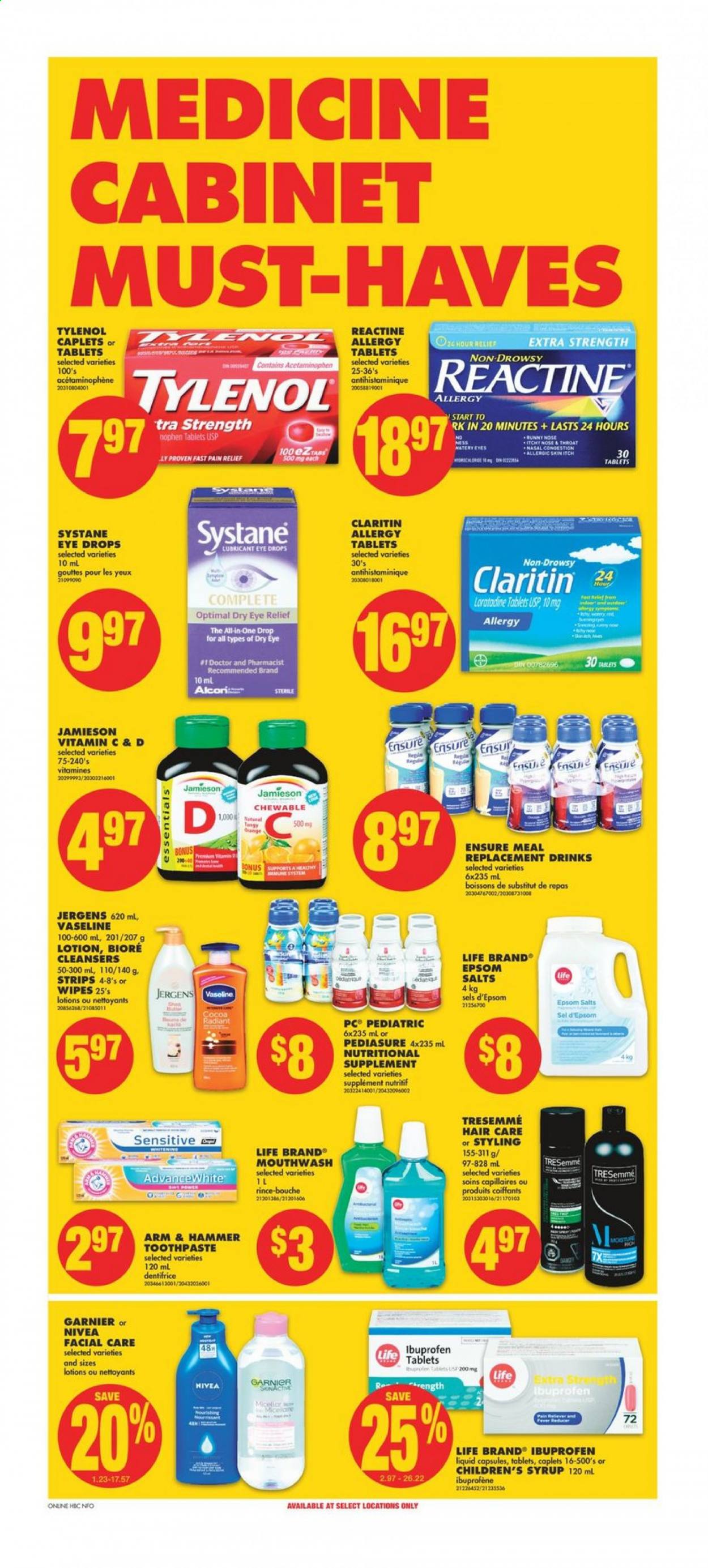 thumbnail - No Frills Flyer - April 15, 2021 - April 21, 2021 - Sales products - strips, ARM & HAMMER, syrup, wipes, Vaseline, toothpaste, mouthwash, Bioré®, TRESemmé, body lotion, Jergens, lubricant, cabinet, pain relief, Tylenol, vitamin c, Ibuprofen, eye drops, nutritional supplement, Garnier, Systane, Nivea. Page 8.