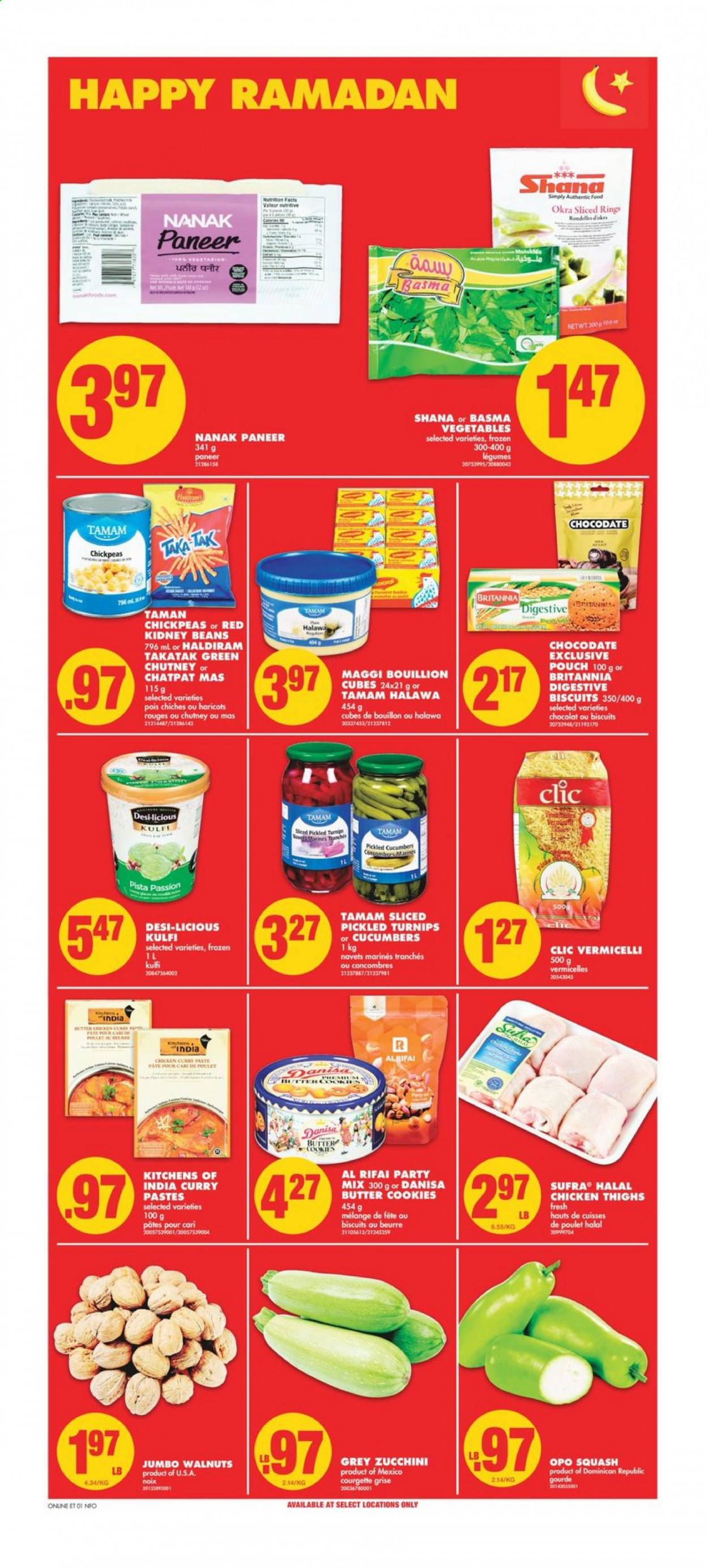 thumbnail - No Frills Flyer - April 15, 2021 - April 21, 2021 - Sales products - beans, cucumber, zucchini, okra, paneer, cookies, butter cookies, biscuit, Digestive, bouillon, Maggi, kidney beans, chickpeas, curry paste, chutney, walnuts, chicken thighs, chicken, pan, turnips. Page 9.
