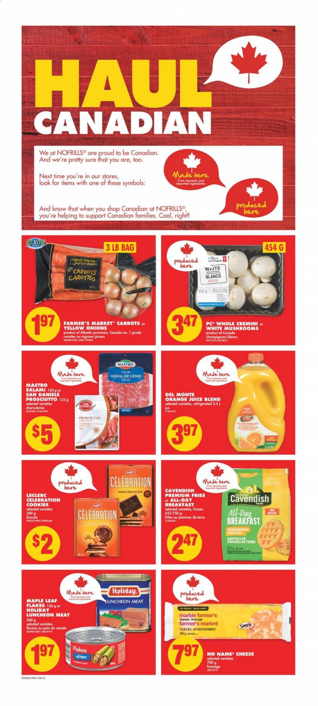 thumbnail - No Frills Flyer - April 15, 2021 - April 21, 2021 - Sales products - waffles, onion, No Name, salami, ham, prosciutto, lunch meat, cheese, potato fries, cookies, chocolate, Celebration, biscuit, dark chocolate, orange juice, juice, Sure. Page 2.