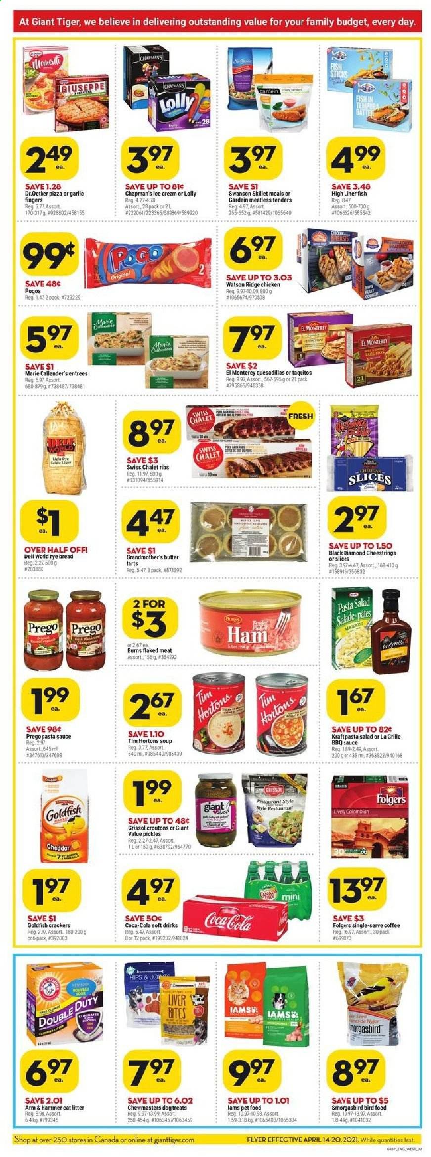 thumbnail - Giant Tiger Flyer - April 14, 2021 - April 20, 2021 - Sales products - bread, fish, fish fingers, fish sticks, pizza, pasta sauce, soup, sauce, Marie Callender's, taquitos, Kraft®, ham, pasta salad, string cheese, Dr. Oetker, butter, ice cream, crackers, lollipop, Goldfish, ARM & HAMMER, croutons, pickles, BBQ sauce, Coca-Cola, soft drink, coffee, Folgers, cat litter, animal food, Iams. Page 2.
