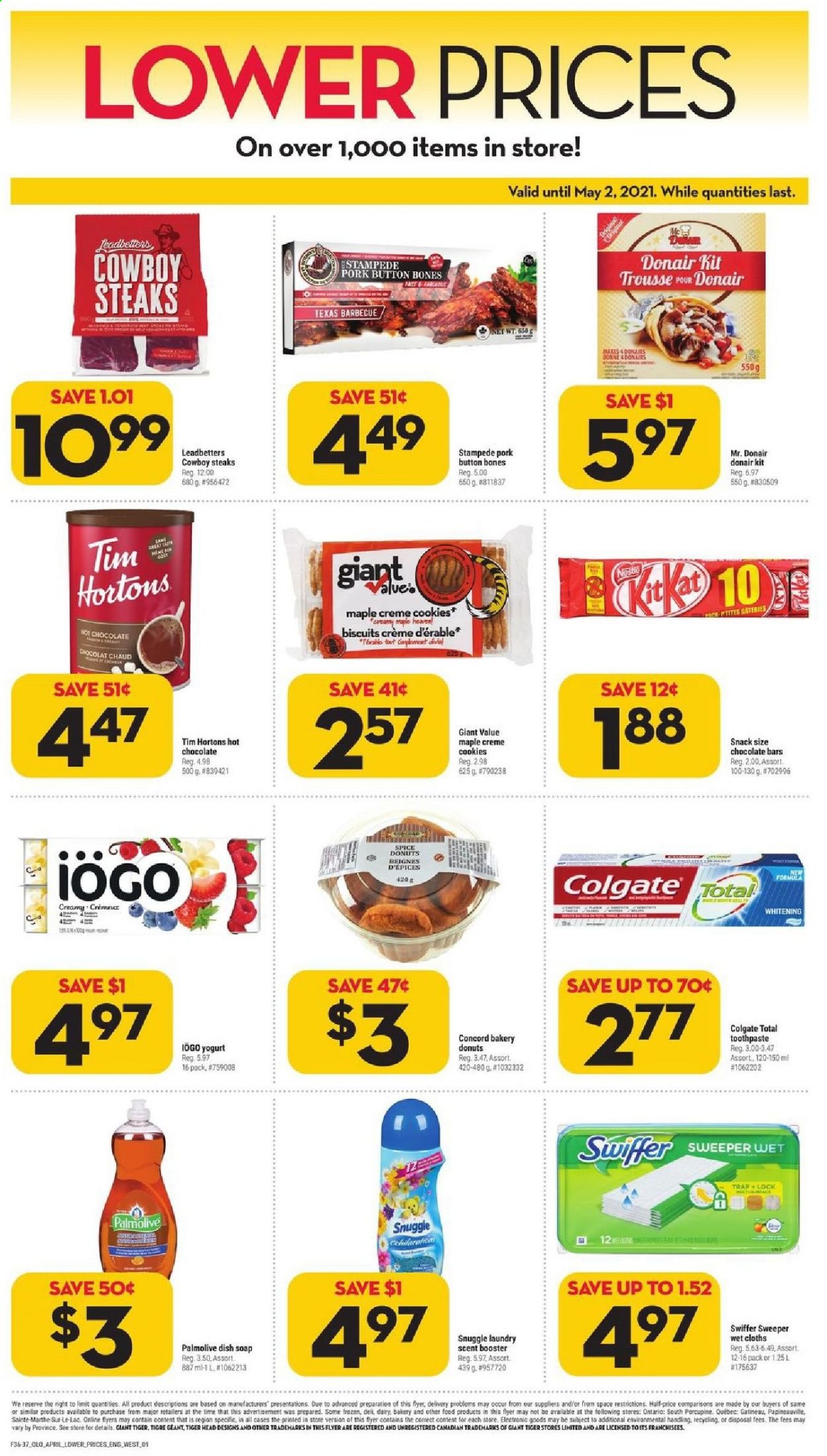 thumbnail - Giant Tiger Flyer - April 14, 2021 - April 20, 2021 - Sales products - donut, yoghurt, cookies, snack, chocolate bar, spice, hot chocolate, Swiffer, Snuggle, Palmolive, soap, toothpaste, Nestlé, steak. Page 3.