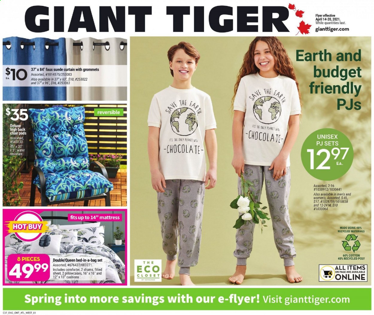 thumbnail - Giant Tiger Flyer - April 14, 2021 - April 20, 2021 - Sales products - chocolate, chair pad, cushion, comforter, pillowcase, curtain, chair, bed, queen bed, mattress, closet system. Page 1.