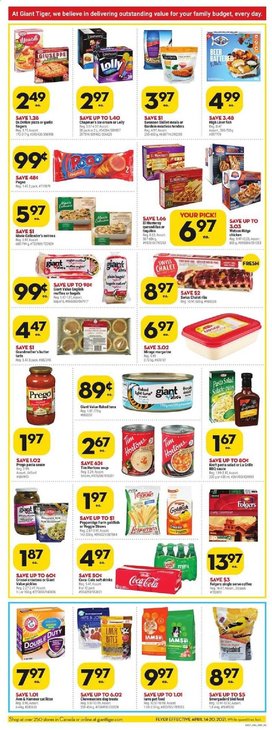 thumbnail - Giant Tiger Flyer - April 14, 2021 - April 20, 2021 - Sales products - bagels, english muffins, tuna, fish, pizza, pasta sauce, soup, sauce, Marie Callender's, taquitos, Kraft®, pasta salad, Dr. Oetker, butter, margarine, ice cream, lollipop, Goldfish, veggie straws, pickles, light tuna, BBQ sauce, Coca-Cola, soft drink, coffee, Folgers, L'Or, beer, cat litter, animal food, plant seeds, Iams, hammer. Page 2.