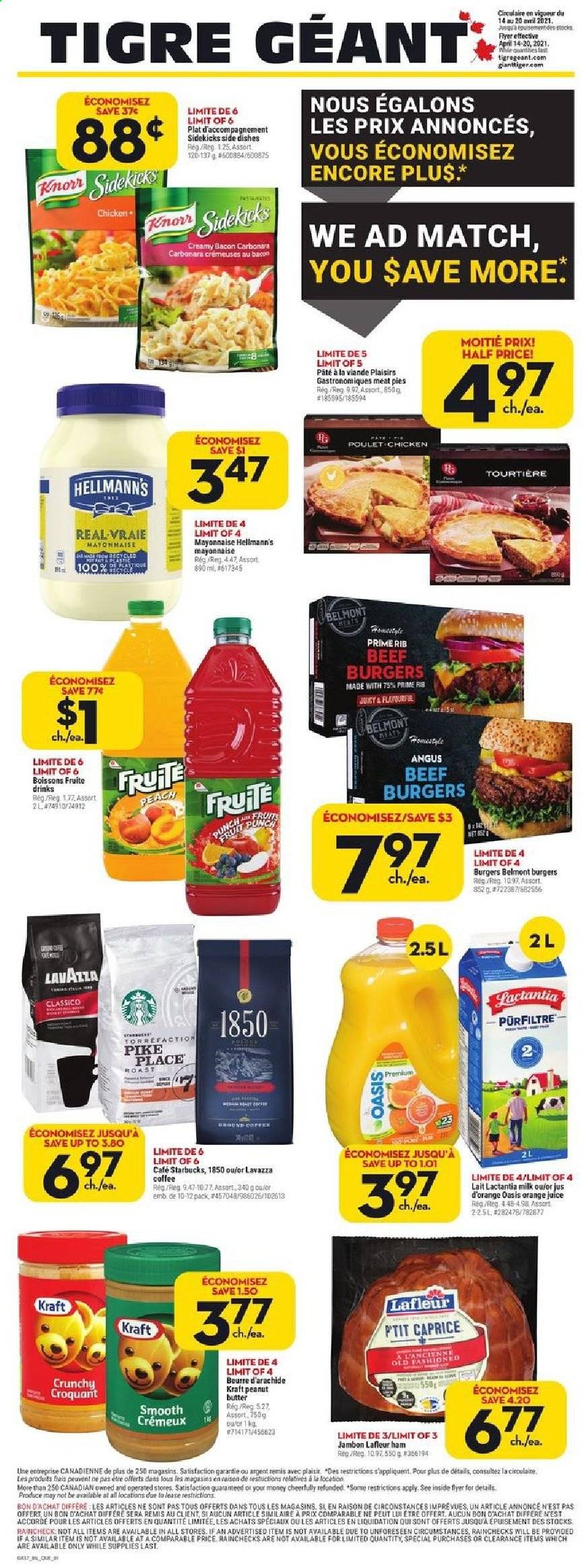 thumbnail - Giant Tiger Flyer - April 14, 2021 - April 20, 2021 - Sales products - hamburger, beef burger, Kraft®, bacon, ham, milk, mayonnaise, Hellmann’s, Classico, peanut butter, juice, coffee, Starbucks, Lavazza, punch, beef meat. Page 1.