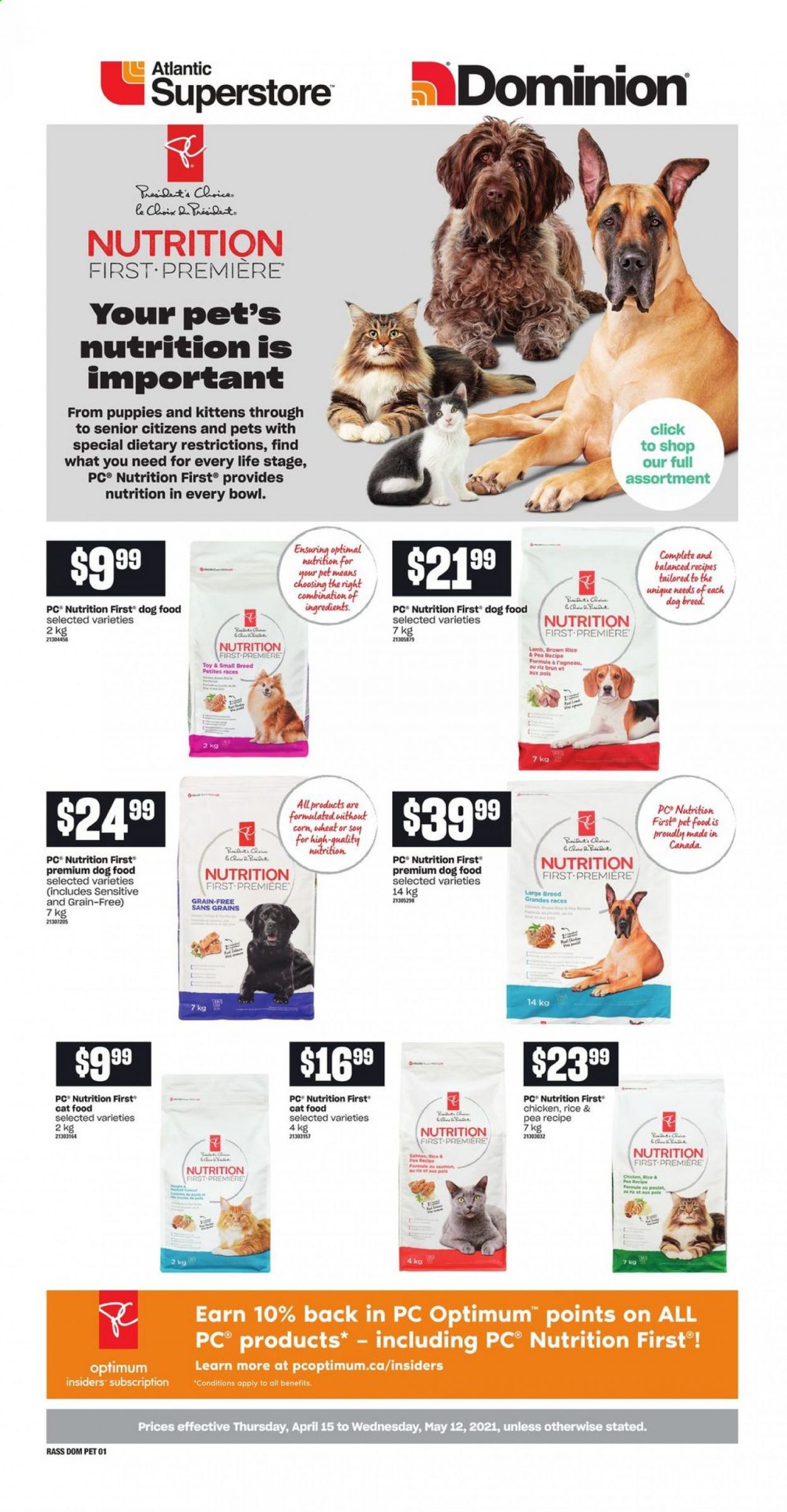 thumbnail - Atlantic Superstore Flyer - April 15, 2021 - May 12, 2021 - Sales products - corn, brown rice, rice, bowl, PREMIERE, animal food, cat food, dog food, Optimum. Page 1.
