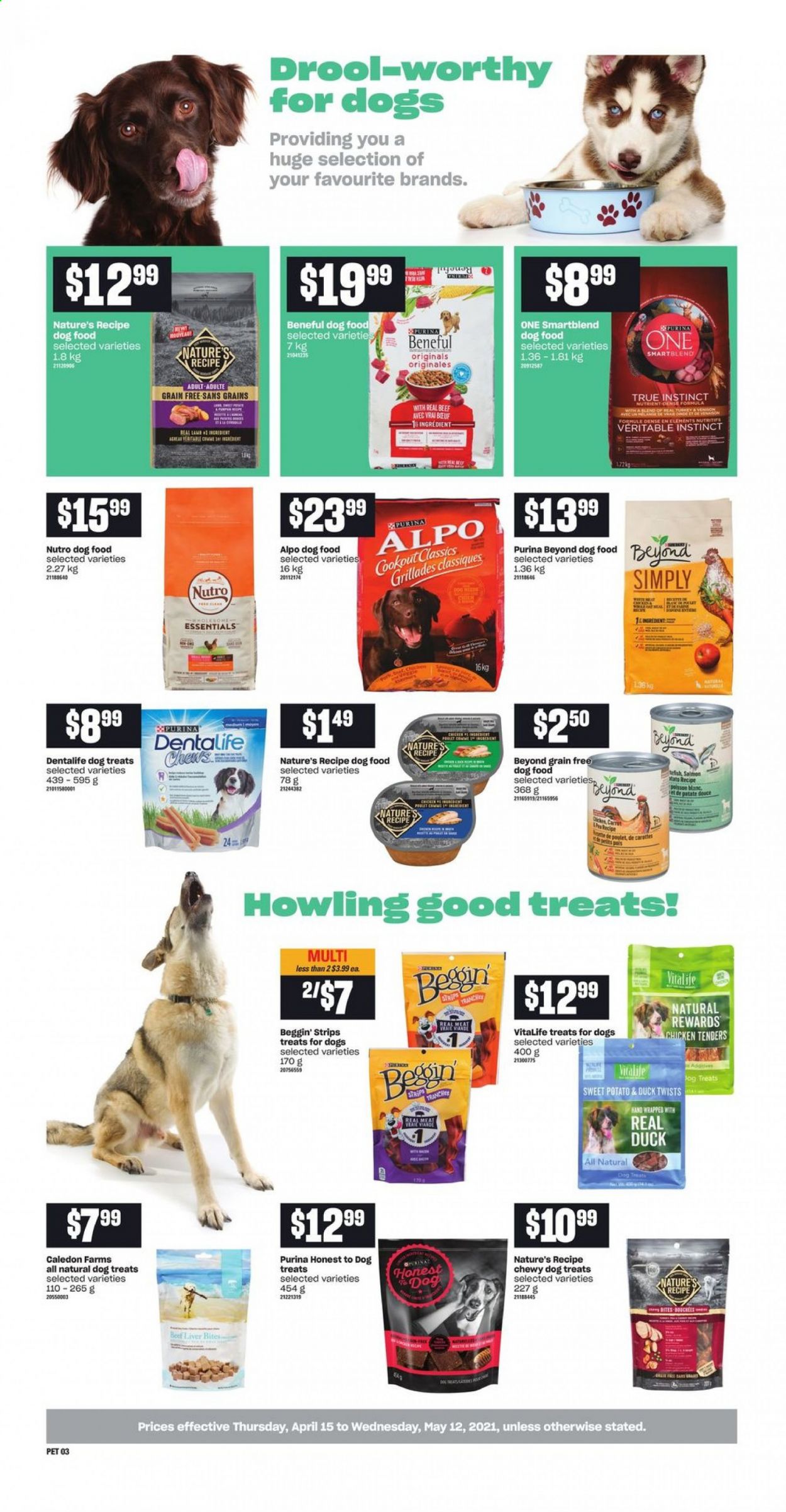 thumbnail - Atlantic Superstore Flyer - April 15, 2021 - May 12, 2021 - Sales products - strips, chicken tenders, beef liver, beef meat, animal food, dog food, Purina, Dentalife, Beggin', Alpo. Page 3.