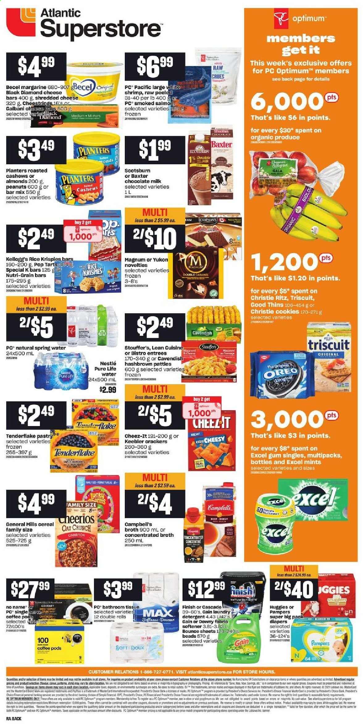 thumbnail - Atlantic Superstore Flyer - April 15, 2021 - April 21, 2021 - Sales products - Gala, salmon, smoked salmon, shrimps, No Name, Campbell's, Lean Cuisine, shredded cheese, string cheese, Président, Galbani, Oreo, milk, margarine, Magnum, Stouffer's, cookies, milk chocolate, chocolate, crackers, Kellogg's, Pop-Tarts, Nutri-Grain bars, Keebler, RITZ, Thins, Cheez-It, oats, broth, cereals, Rice Krispies, Nutri-Grain, almonds, cashews, peanuts, Planters, spring water, Pure Life Water, coffee pods, nappies, bath tissue, Gain, fabric softener, Bounce, Cascade, Downy Laundry, Optimum, Nestlé, Huggies, Pampers. Page 2.