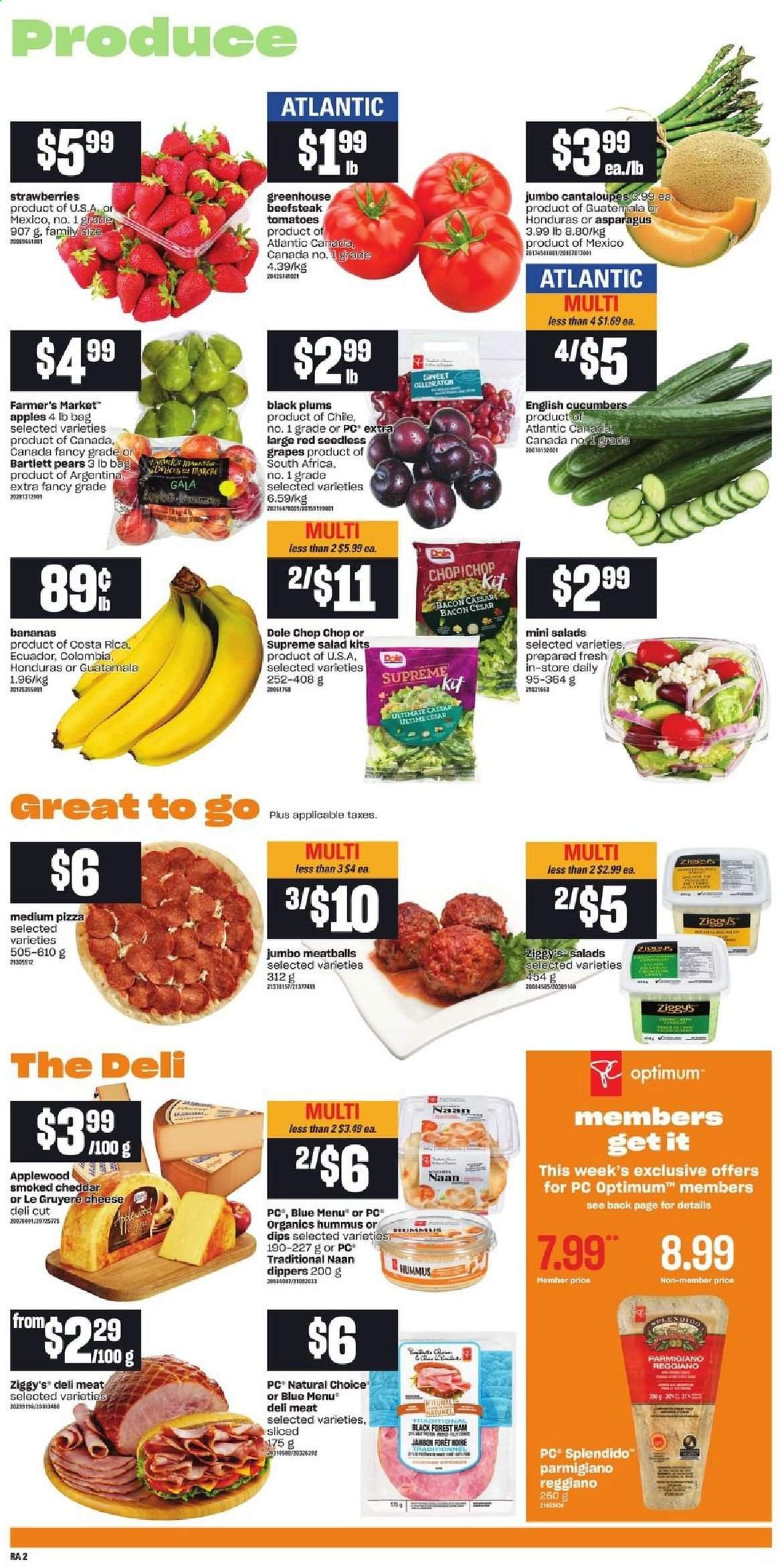 thumbnail - Atlantic Superstore Flyer - April 15, 2021 - April 21, 2021 - Sales products - asparagus, cantaloupe, cucumber, salad, Dole, apples, bananas, Bartlett pears, Gala, grapes, seedless grapes, strawberries, plums, pears, black plums, pizza, meatballs, bacon, ham, hummus, Gruyere, cheddar, Parmigiano Reggiano, bag, Optimum. Page 3.