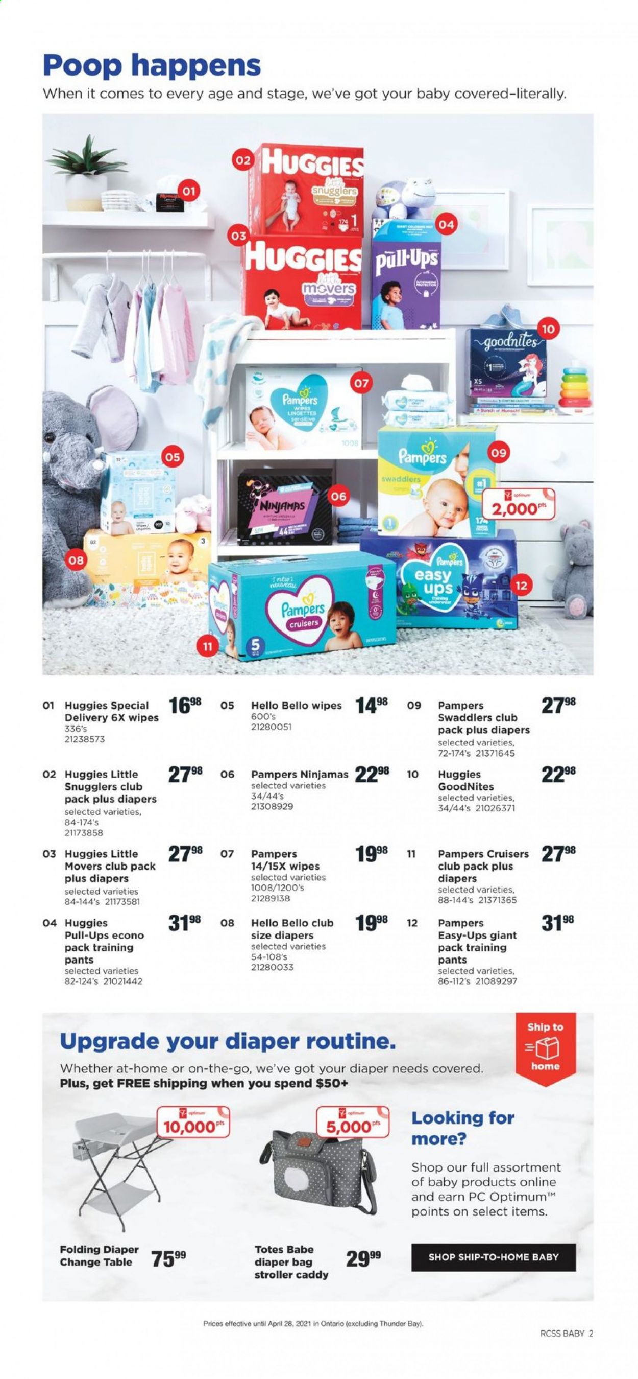 thumbnail - Real Canadian Superstore Flyer - April 15, 2021 - April 28, 2021 - Sales products - wipes, pants, nappies, baby pants, bag, Optimum, table, tote, baby stroller, tong, Huggies, Pampers. Page 2.
