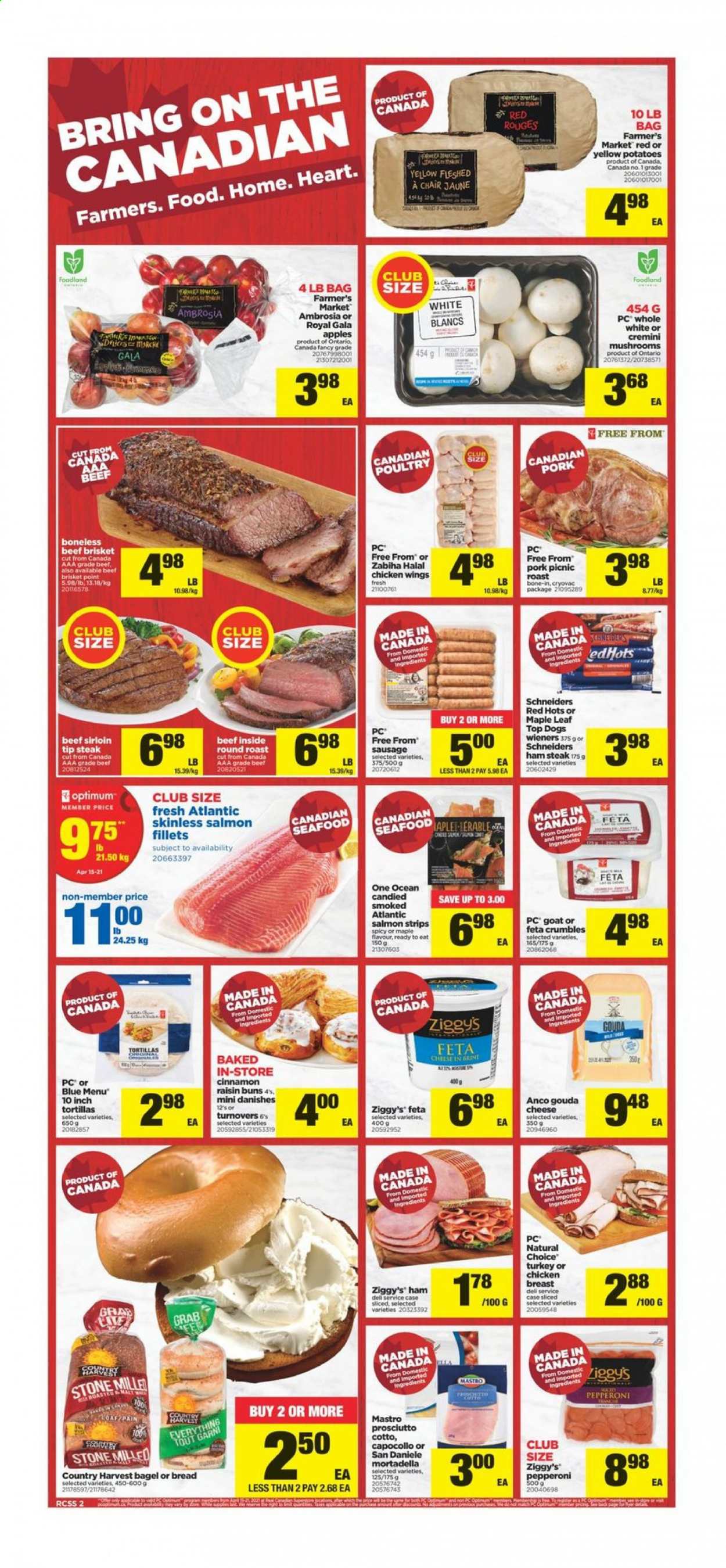 thumbnail - Real Canadian Superstore Flyer - April 15, 2021 - April 21, 2021 - Sales products - bagels, tortillas, buns, turnovers, potatoes, apples, Gala, salmon, salmon fillet, mortadella, ham, prosciutto, sausage, pepperoni, ham steaks, gouda, cheese, feta, Country Harvest, chicken wings, beef meat, beef sirloin, round roast, beef brisket, Optimum, chair, steak. Page 3.