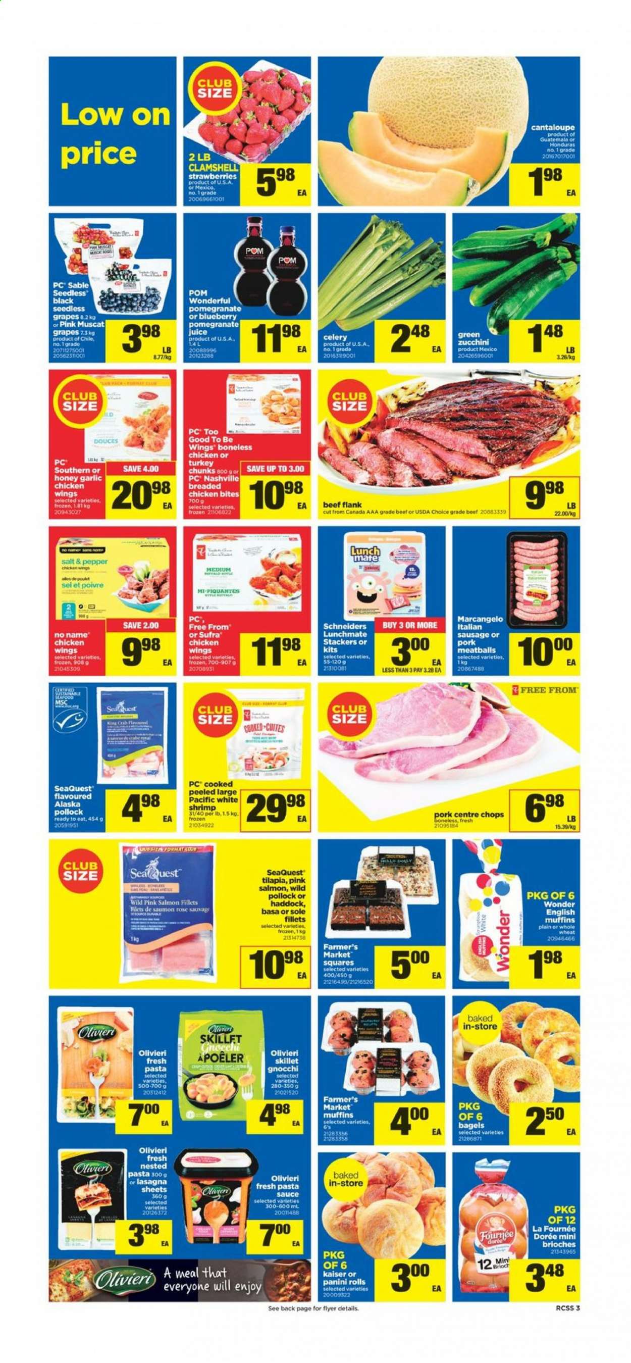 thumbnail - Real Canadian Superstore Flyer - April 15, 2021 - April 21, 2021 - Sales products - bagels, english muffins, panini, cantaloupe, celery, garlic, zucchini, grapes, strawberries, salmon, salmon fillet, tilapia, haddock, king crab, pollock, crab, shrimps, No Name, meatballs, sauce, fried chicken, sausage, chicken wings, chicken bites, lasagne sheets, juice, rosé wine, rose, gnocchi. Page 4.