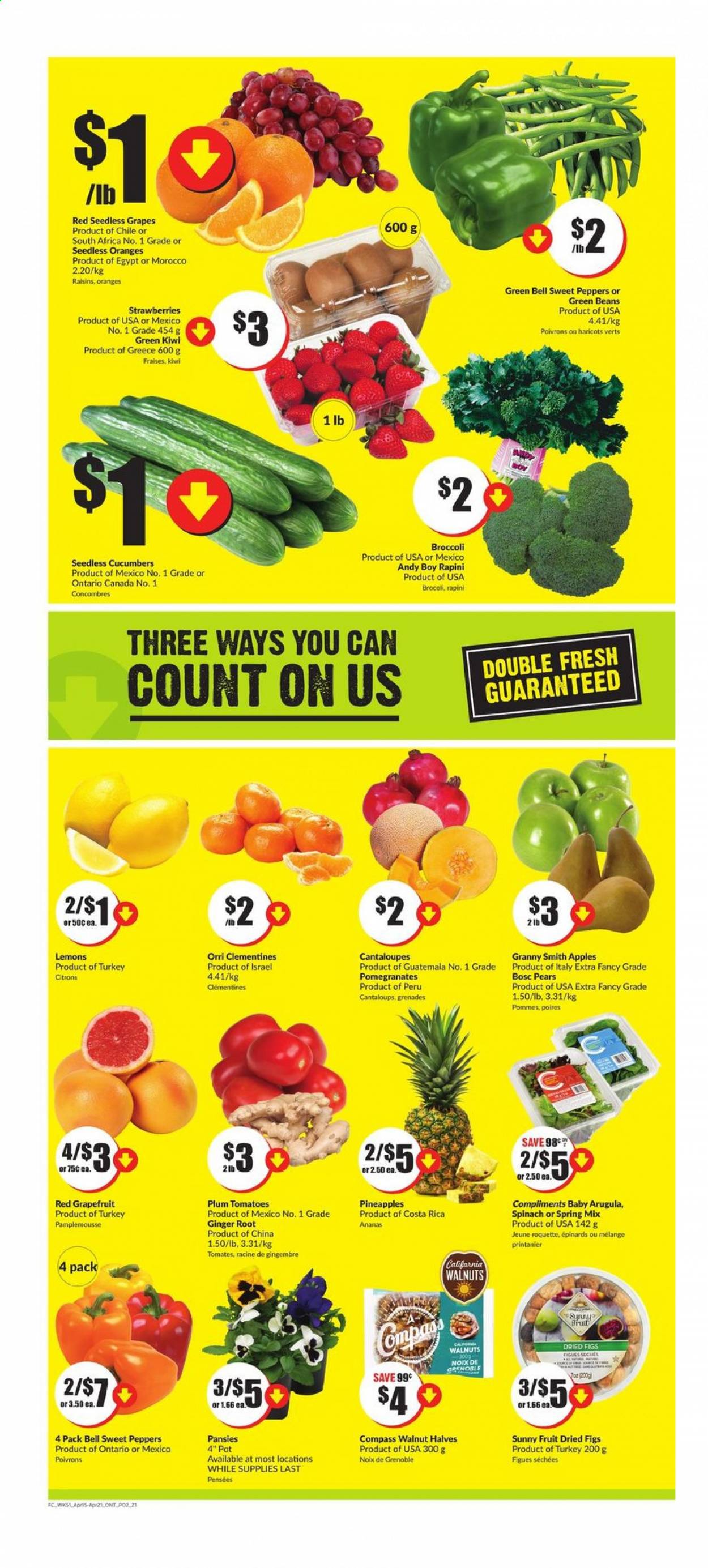 thumbnail - FreshCo. Flyer - April 15, 2021 - April 21, 2021 - Sales products - beans, broccoli, cantaloupe, cucumber, ginger, green beans, sweet peppers, tomatoes, peppers, apples, clementines, figs, grapefruits, grapes, seedless grapes, strawberries, pineapple, pears, pomegranate, lemons, Granny Smith, walnuts, dried fruit, dried figs, Sunny Fruit, kiwi, raisins. Page 2.