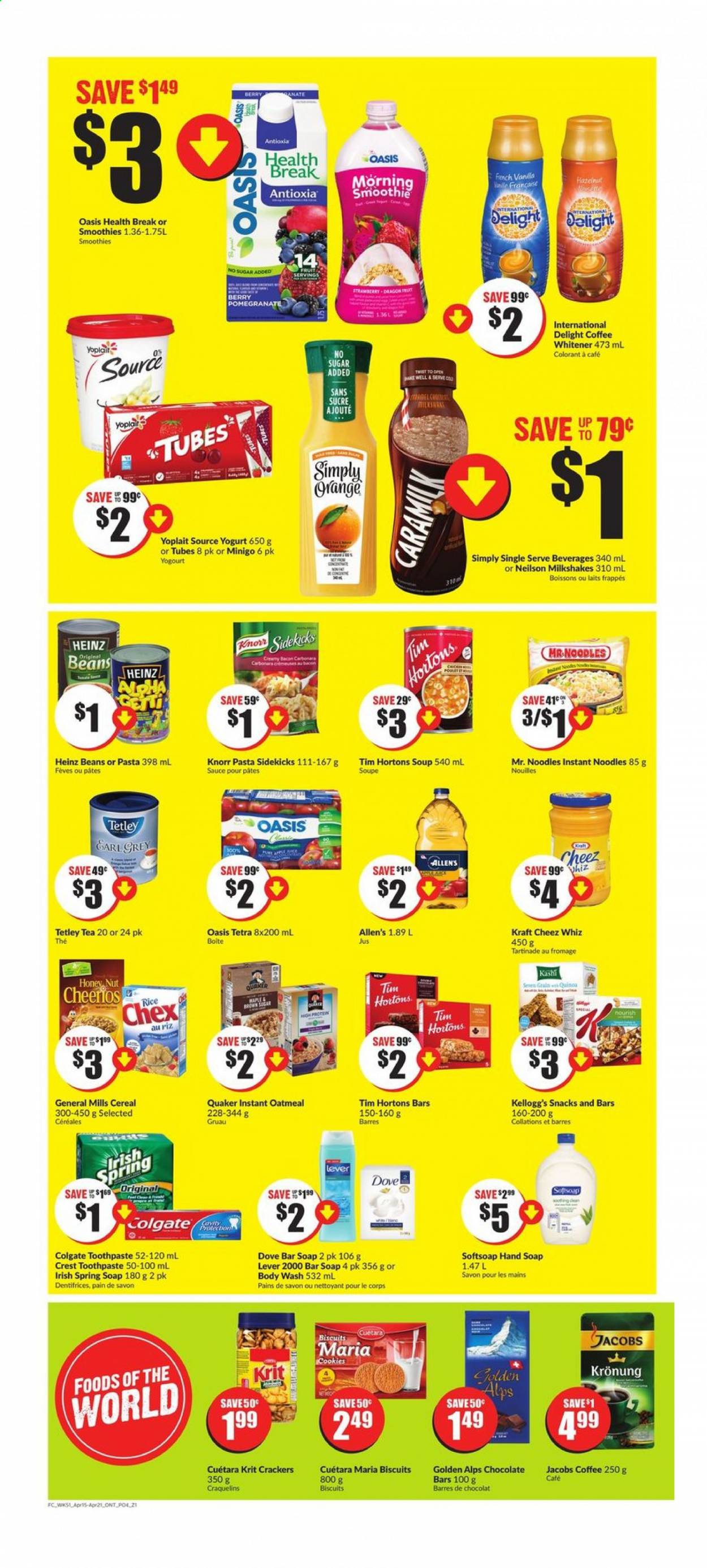 thumbnail - FreshCo. Flyer - April 15, 2021 - April 21, 2021 - Sales products - pomegranate, soup, instant noodles, sauce, Quaker, noodles, Kraft®, bacon, yoghurt, Yoplait, cookies, snack, crackers, Kellogg's, biscuit, chocolate bar, oatmeal, Heinz, cereals, Cheerios, rice, tea, coffee, Jacobs, Knorr. Page 4.