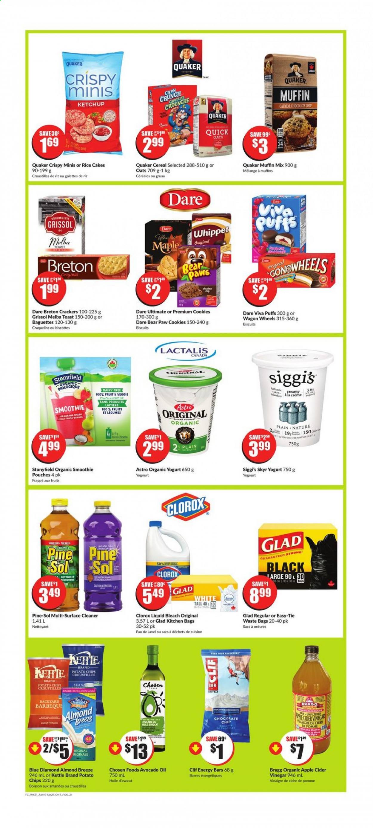 thumbnail - FreshCo. Flyer - April 15, 2021 - April 21, 2021 - Sales products - puffs, muffin mix, Quaker, yoghurt, organic yoghurt, Almond Breeze, cookies, crackers, biscuit, potato chips, oatmeal, oats, cereals, energy bar, apple cider vinegar, avocado oil, oil, Blue Diamond, smoothie, L'Or, chips. Page 6.
