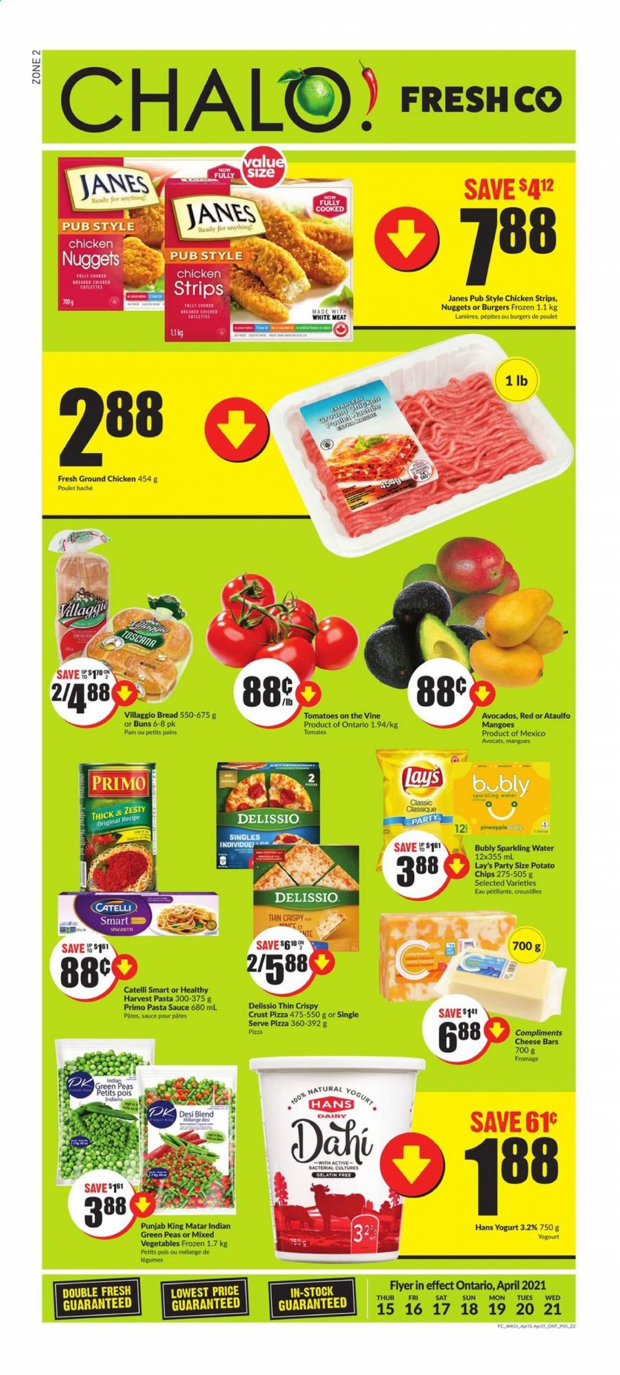 thumbnail - Chalo! FreshCo. Flyer - April 15, 2021 - April 21, 2021 - Sales products - bread, buns, avocado, mango, spaghetti, pizza, pasta sauce, nuggets, sauce, chicken nuggets, Harvest Pasta, yoghurt, mixed vegetables, strips, chicken strips, potato chips, Lay’s, sparkling water, ground chicken, chicken, gelatin. Page 1.