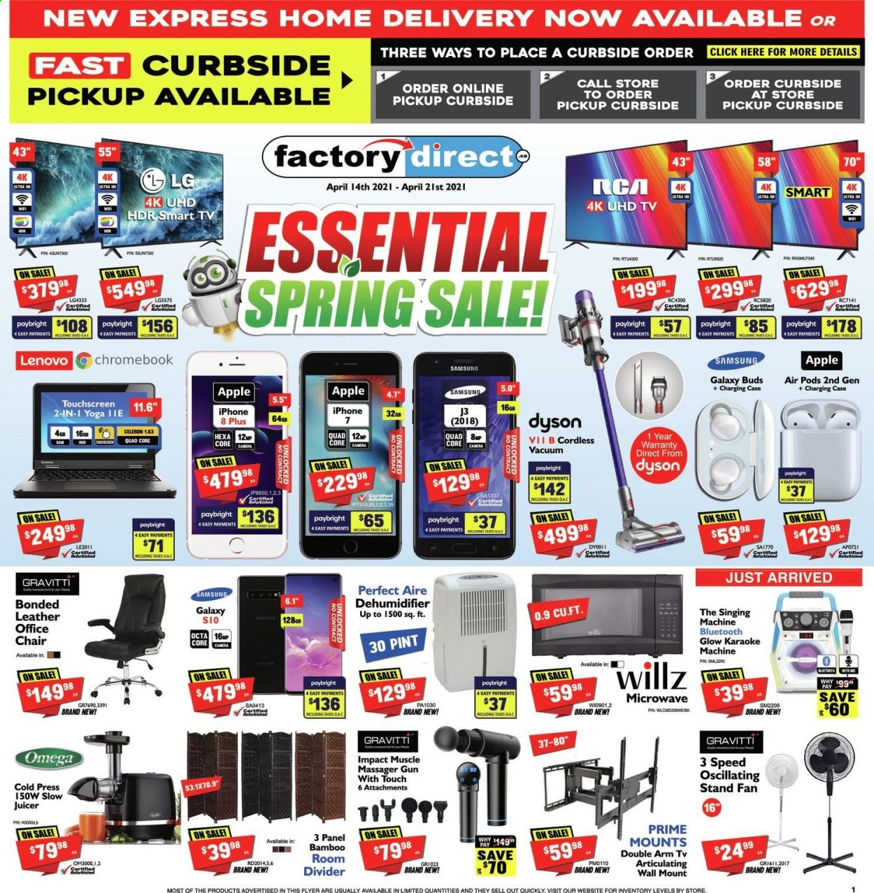 thumbnail - Factory Direct Flyer - April 14, 2021 - April 21, 2021 - Sales products - Apple, pin, Samsung, iPhone, RCA, UHD TV, ultra hd, TV, Airpods, microwave, stand fan, juicer, massager, Lenovo, LG, smart tv, Dyson, iPhone 7. Page 1.