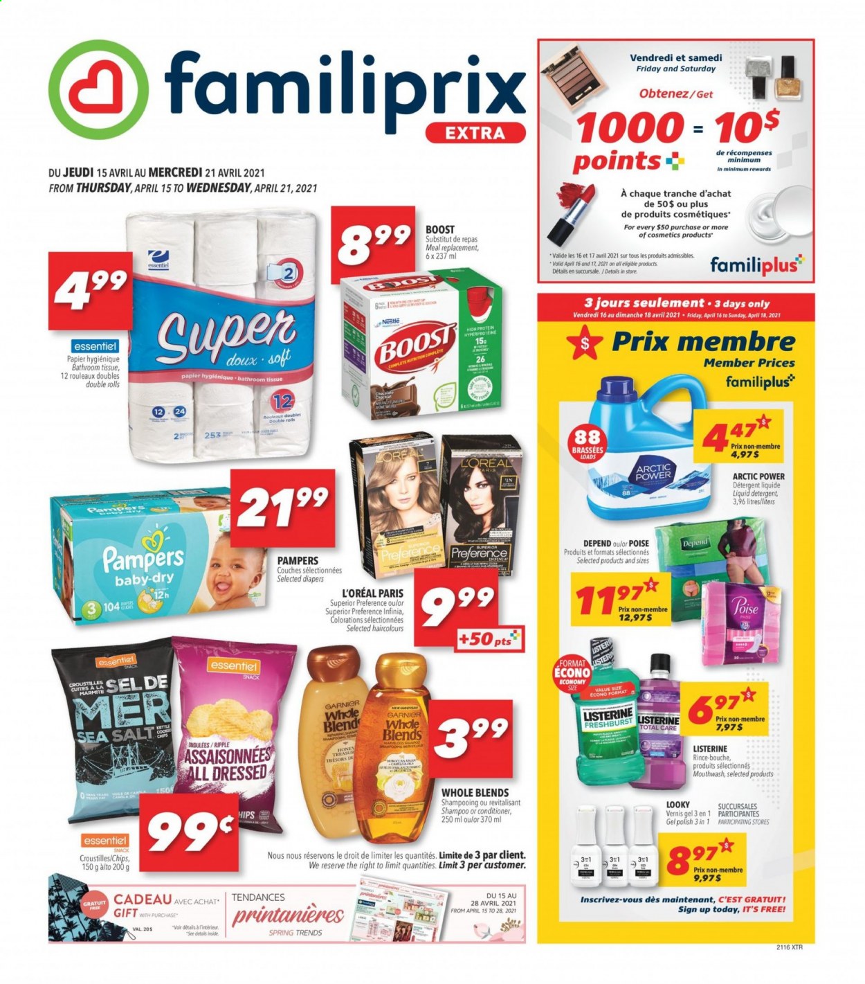 thumbnail - Familiprix Extra Flyer - April 15, 2021 - April 21, 2021 - Sales products - chocolate, snack, honey, Boost, nappies, bath tissue, liquid detergent, mouthwash, L’Oréal, conditioner, polish, Garnier, Listerine, shampoo, Pampers, chips. Page 1.