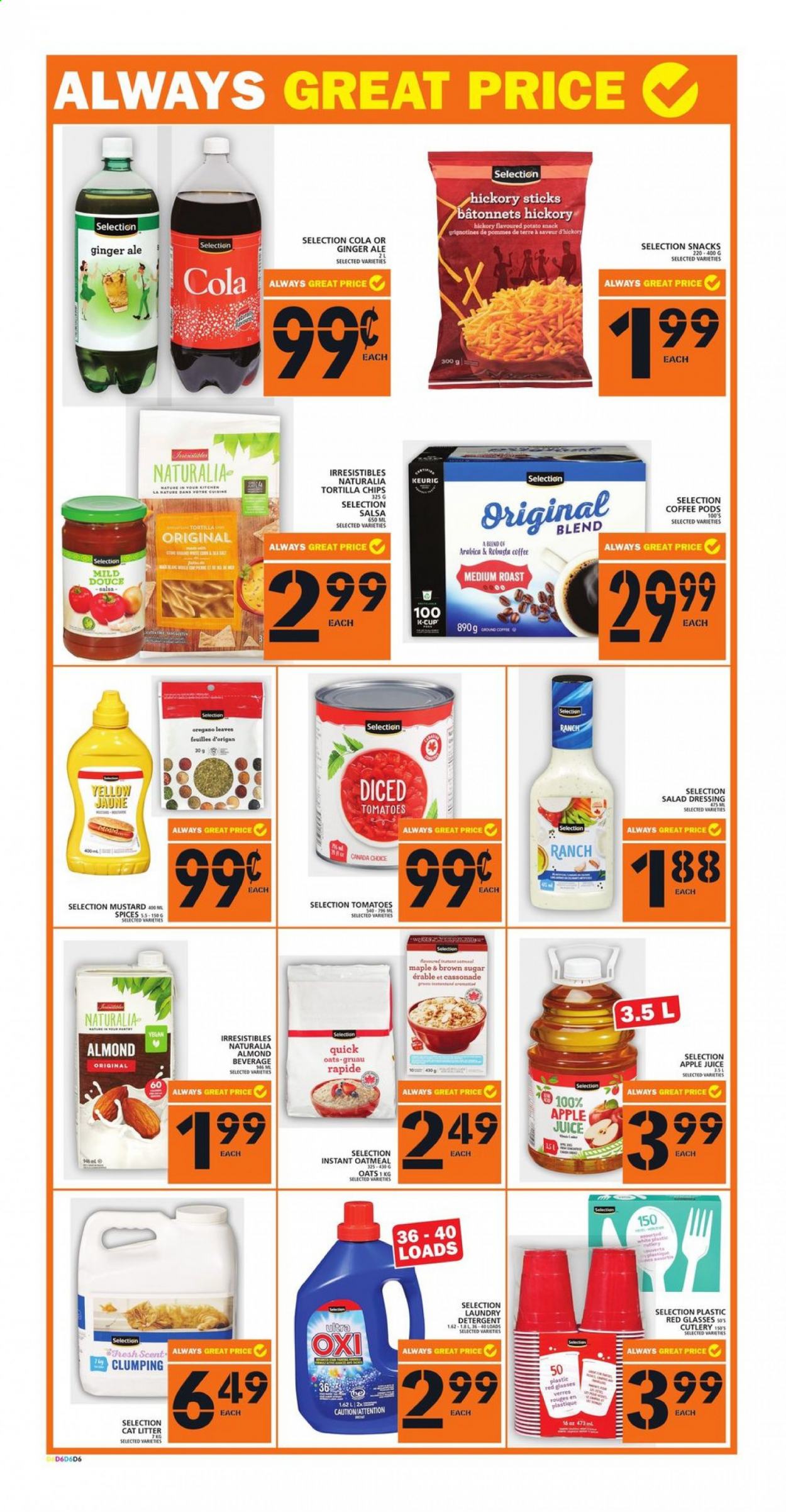 thumbnail - Food Basics Flyer - April 15, 2021 - April 21, 2021 - Sales products - tomatoes, snack, tortilla chips, oatmeal, oats, mustard, salad dressing, dressing, salsa, apple juice, ginger ale, juice, coffee pods, coffee capsules, K-Cups, Keurig, laundry detergent, cat litter, chips. Page 7.