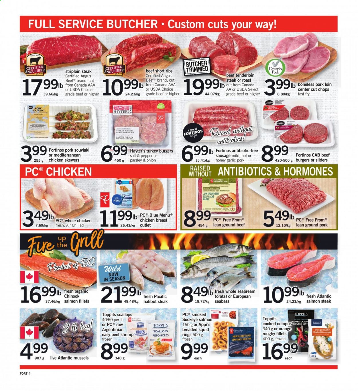 thumbnail - Fortinos Flyer - April 15, 2021 - April 21, 2021 - Sales products - garlic, parsley, mussels, salmon, salmon fillet, scallops, sea bass, squid, halibut, octopus, seabream, shrimps, squid rings, hamburger, sausage, whole chicken, chicken, beef meat, beef ribs, ground beef, beef tenderloin, striploin steak, ground pork, turkey burger, pork loin, pork meat, Persil, grill, steak. Page 4.