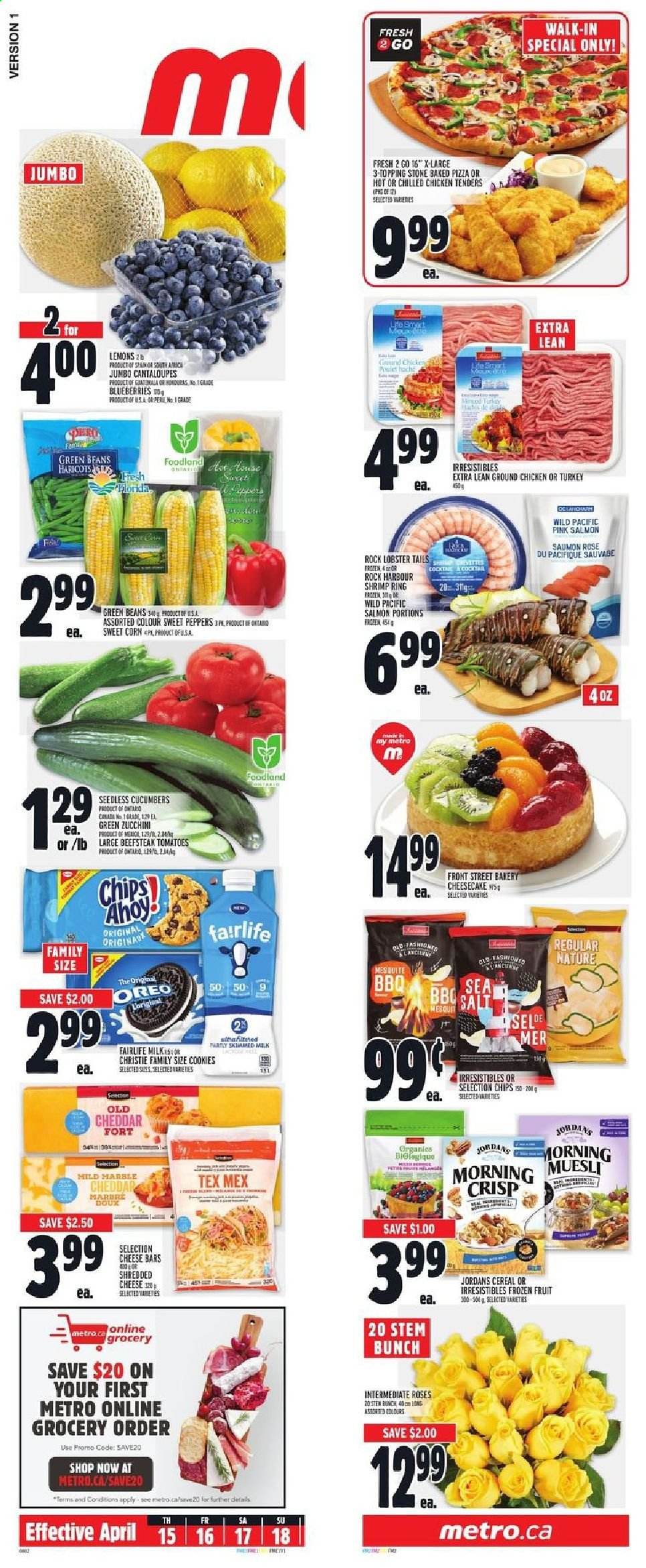 thumbnail - Metro Flyer - April 15, 2021 - April 21, 2021 - Sales products - cheesecake, beans, cantaloupe, corn, cucumber, green beans, sweet peppers, zucchini, peppers, sweet corn, blueberries, lemons, lobster, salmon, lobster tail, shrimps, pizza, chicken tenders, shredded cheese, milk, cookies, topping, cereals, muesli, rosé wine, ground chicken, chicken, rose, Oreo. Page 16.