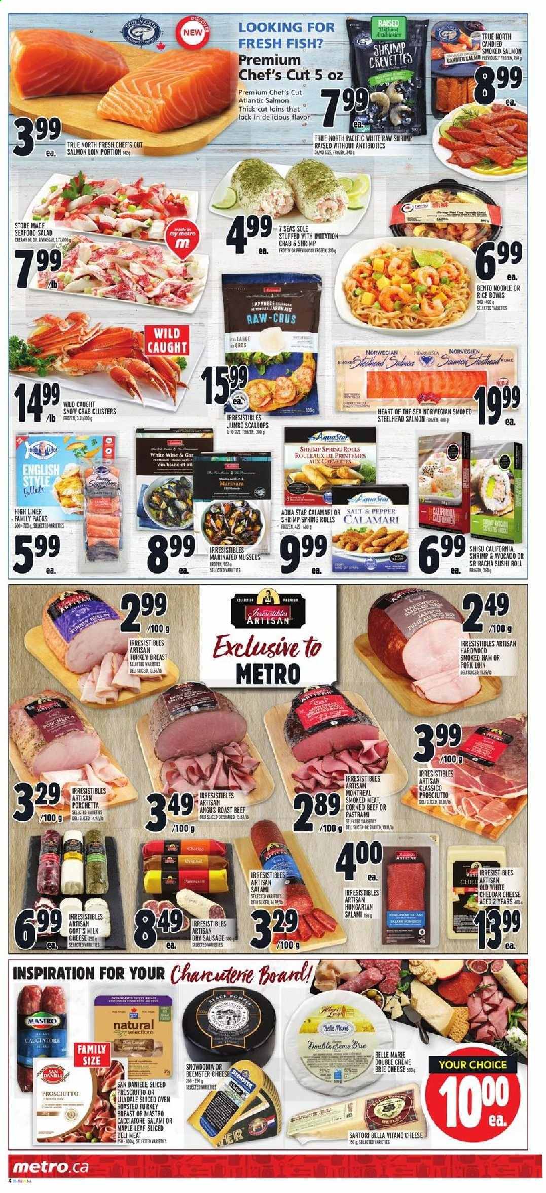thumbnail - Metro Flyer - April 15, 2021 - April 21, 2021 - Sales products - salad, calamari, mussels, salmon, scallops, smoked salmon, seafood, crab, fish, shrimps, spring rolls, noodles, salami, ham, prosciutto, pastrami, smoked ham, sausage, seafood salad, corned beef, cheddar, cheese, brie, BellaVitano, milk, rice, sriracha, Classico, white wine, turkey, beef meat, pork loin, pork meat. Page 5.