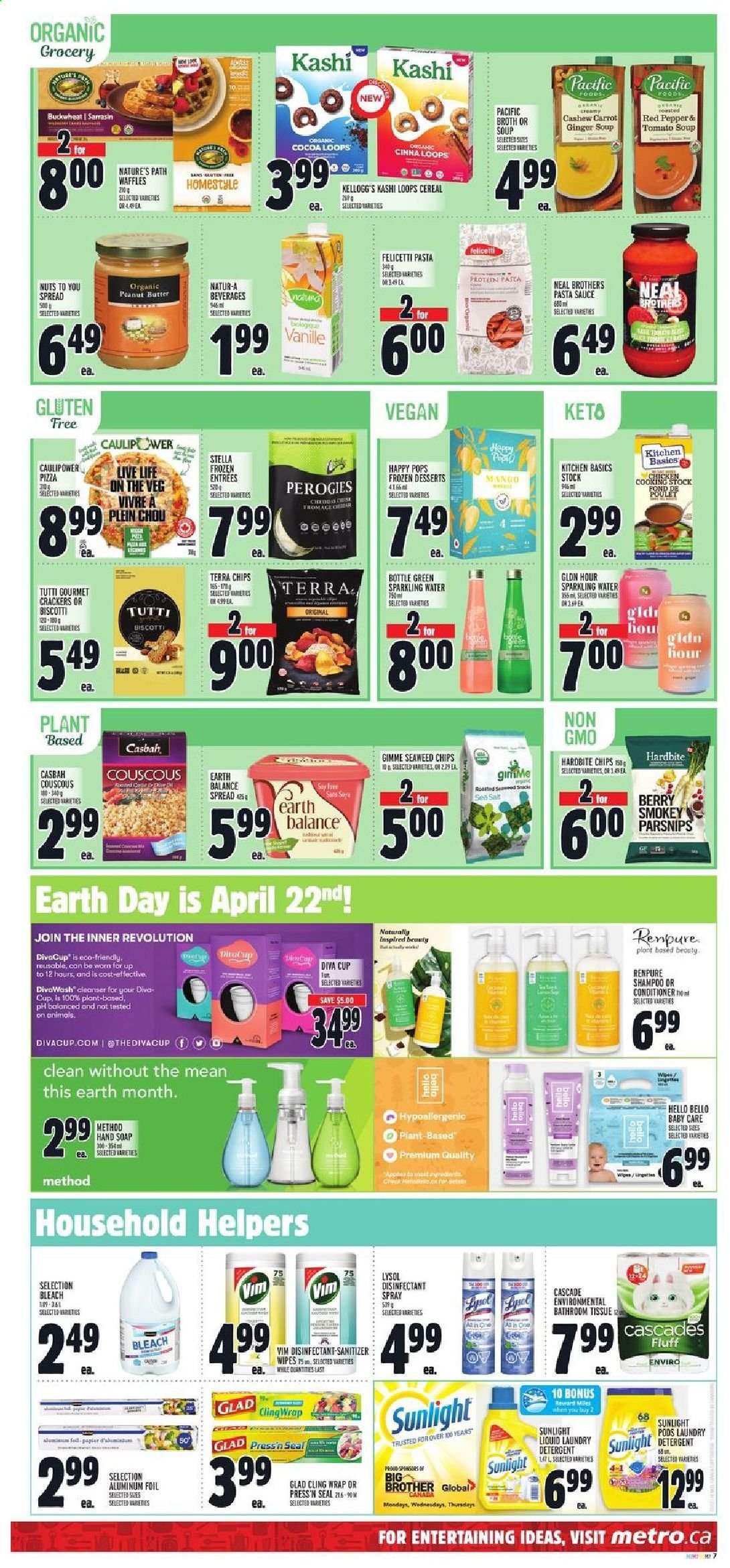 thumbnail - Metro Flyer - April 15, 2021 - April 21, 2021 - Sales products - waffles, ginger, parsnips, tomato soup, pizza, pasta sauce, soup, sauce, biscotti, crackers, Kellogg's, cocoa, seaweed, broth, cereals, buckwheat, peanut butter, sparkling water, BROTHERS, wipes, bath tissue, bleach, Lysol, laundry detergent, Sunlight, Cascade, hand soap, soap, cleanser, conditioner, antibacterial spray, cup, aluminium foil, Brother, clingwrap, shampoo, desinfection. Page 11.