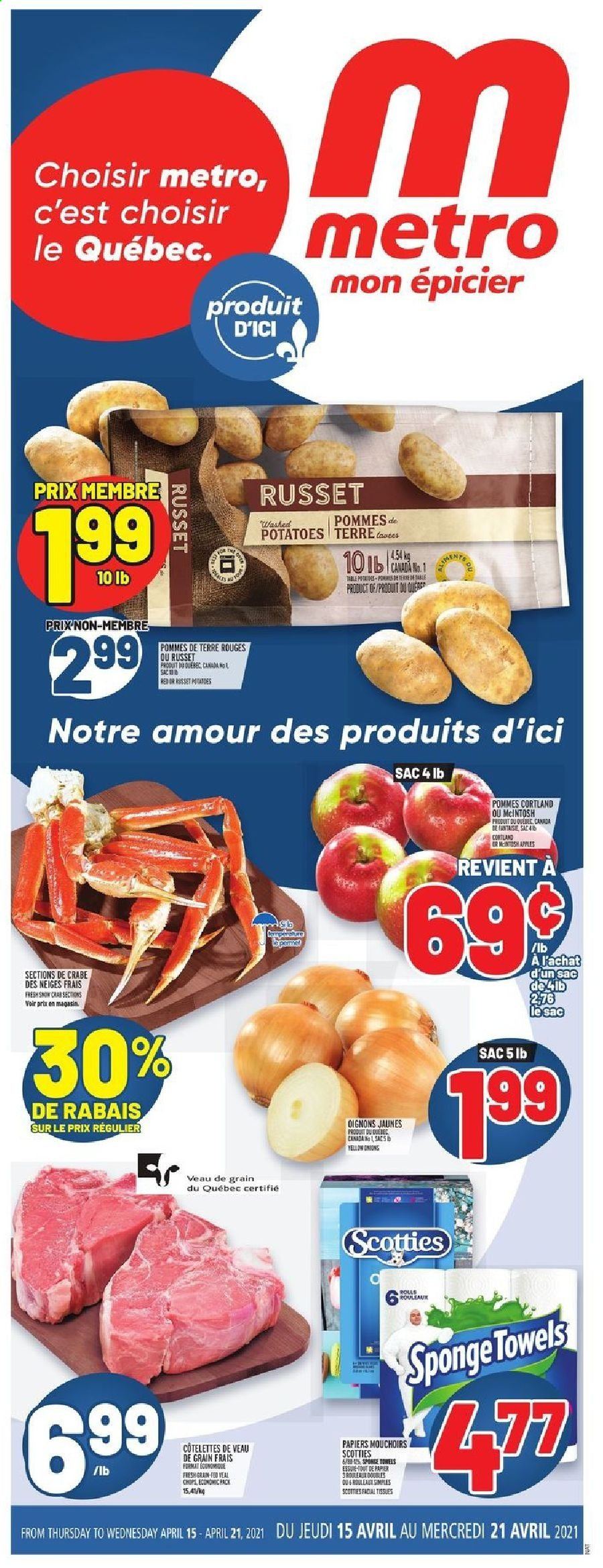 thumbnail - Metro Flyer - April 15, 2021 - April 21, 2021 - Sales products - russet potatoes, potatoes, apples, veal cutlet, veal meat, tissues, facial tissues, sponge, towel. Page 1.