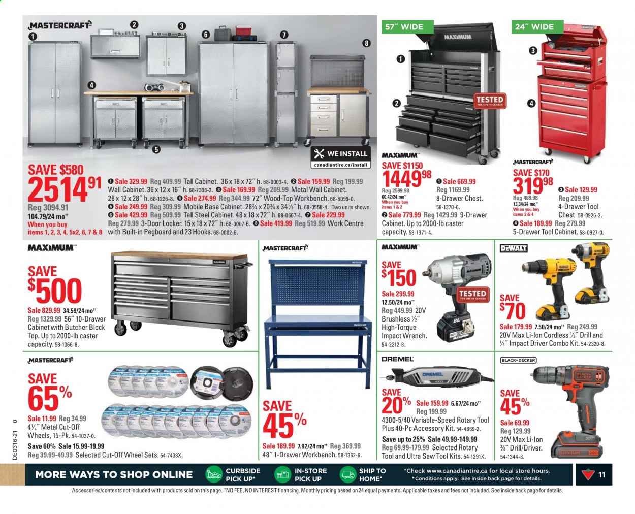 thumbnail - Canadian Tire Flyer - April 16, 2021 - April 22, 2021 - Sales products - cabinet, wall cabinet, work bench, drawer cabinet, pegboard, butcher block, door, drill, impact driver, wrench, saw, grinding wheel, combo kit, tool cabinets. Page 11.