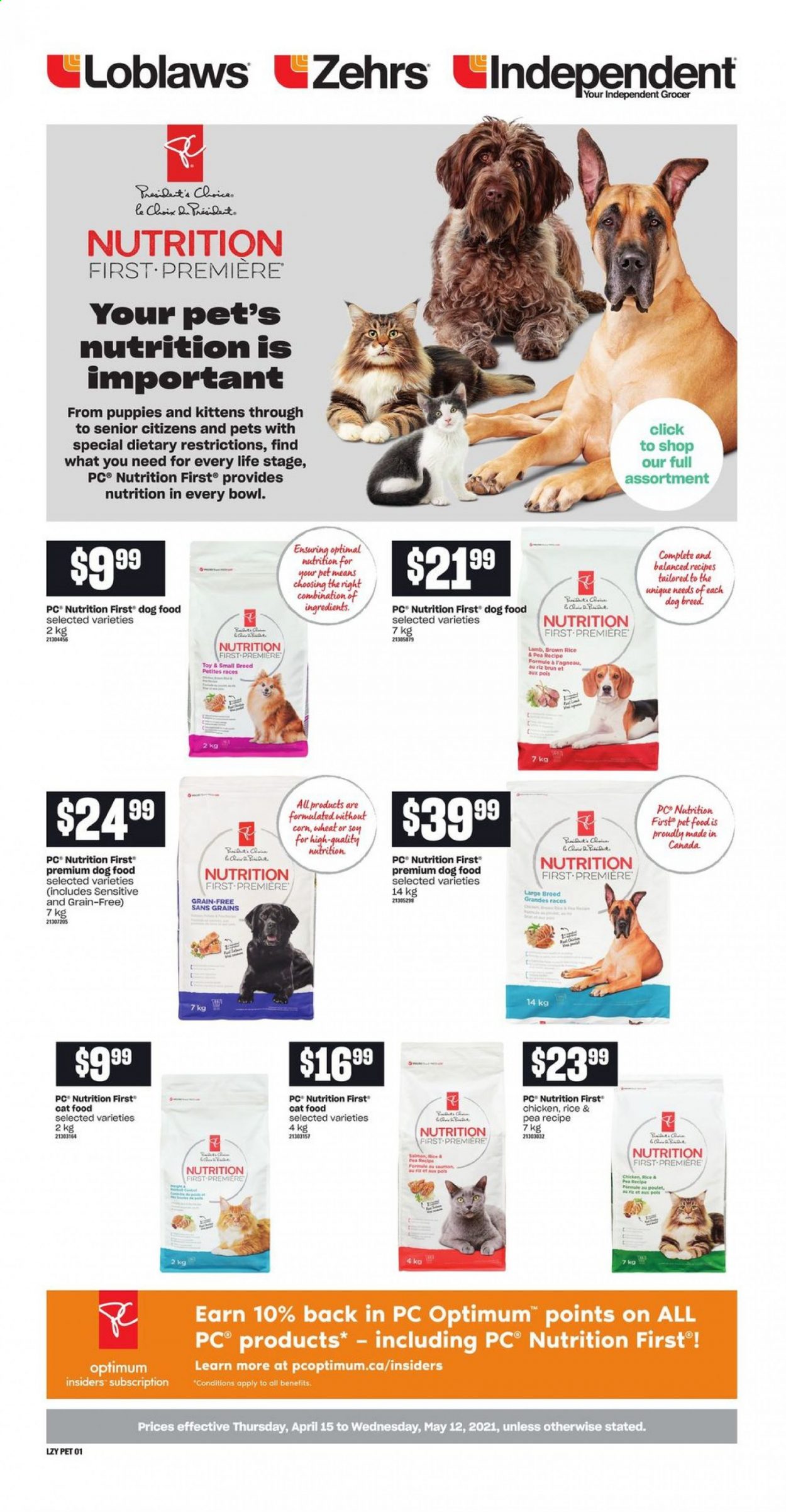thumbnail - Independent Flyer - April 15, 2021 - May 12, 2021 - Sales products - corn, brown rice, rice, bowl, PREMIERE, animal food, cat food, dog food, Optimum, toys. Page 1.