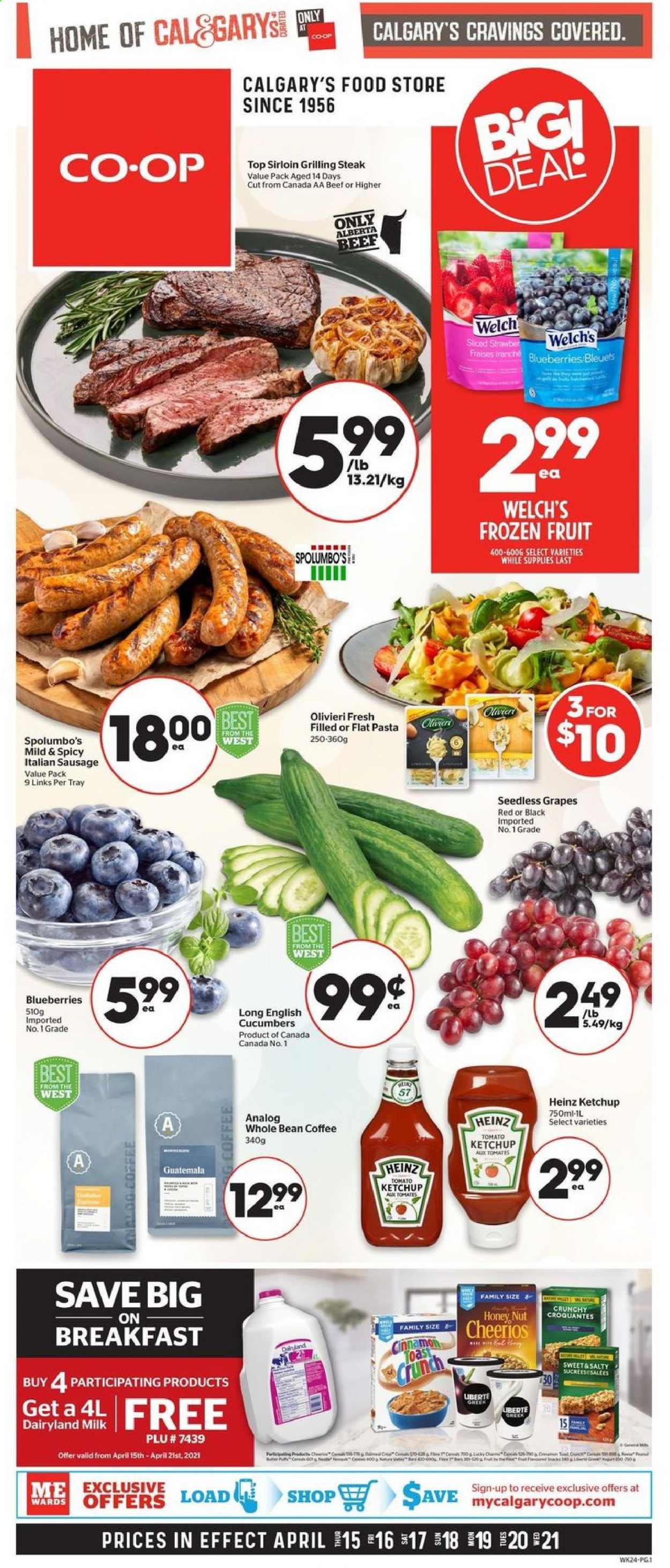 thumbnail - Calgary Co-op Flyer - April 15, 2021 - April 21, 2021 - Sales products - cucumber, blueberries, grapes, seedless grapes, Welch's, pasta, sausage, italian sausage, milk, Heinz, Cheerios, cinnamon, coffee, steak. Page 1.