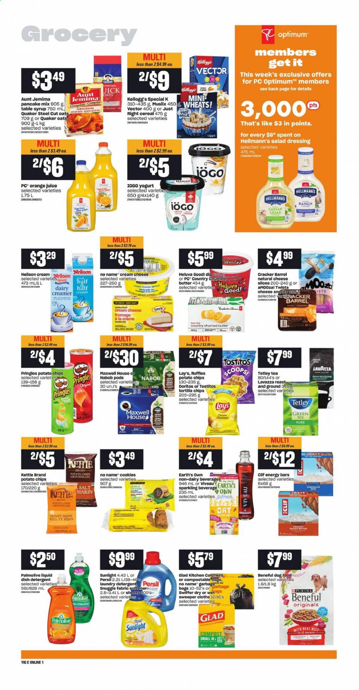 thumbnail - Independent Flyer - April 15, 2021 - April 21, 2021 - Sales products - onion, No Name, pancakes, Quaker, cream cheese, yoghurt, milk, butter, creamer, dip, Hellmann’s, cookies, chocolate, snack, crackers, Kellogg's, Doritos, tortilla chips, potato chips, Pringles, Lay’s, Ruffles, Tostitos, oats, cereals, energy bar, salad dressing, dressing, honey, syrup, orange juice, juice, green tea, Maxwell House, tea, Lavazza, Swiffer, Snuggle, Persil, laundry detergent, Sunlight, Palmolive, animal food, dog food, Purina, Optimum, chips. Page 5.