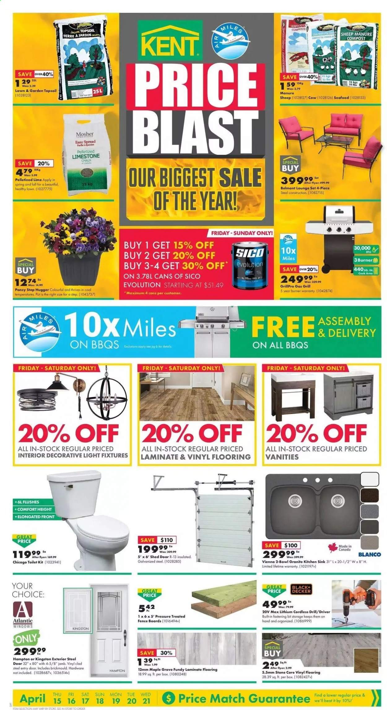 thumbnail - Kent Flyer - April 15, 2021 - April 21, 2021 - Sales products - pot, Black & Decker, toilet, sink, flooring, laminate floor, window, steel door, drill, shed, gas grill, grill, pelletized lime, compost. Page 1.