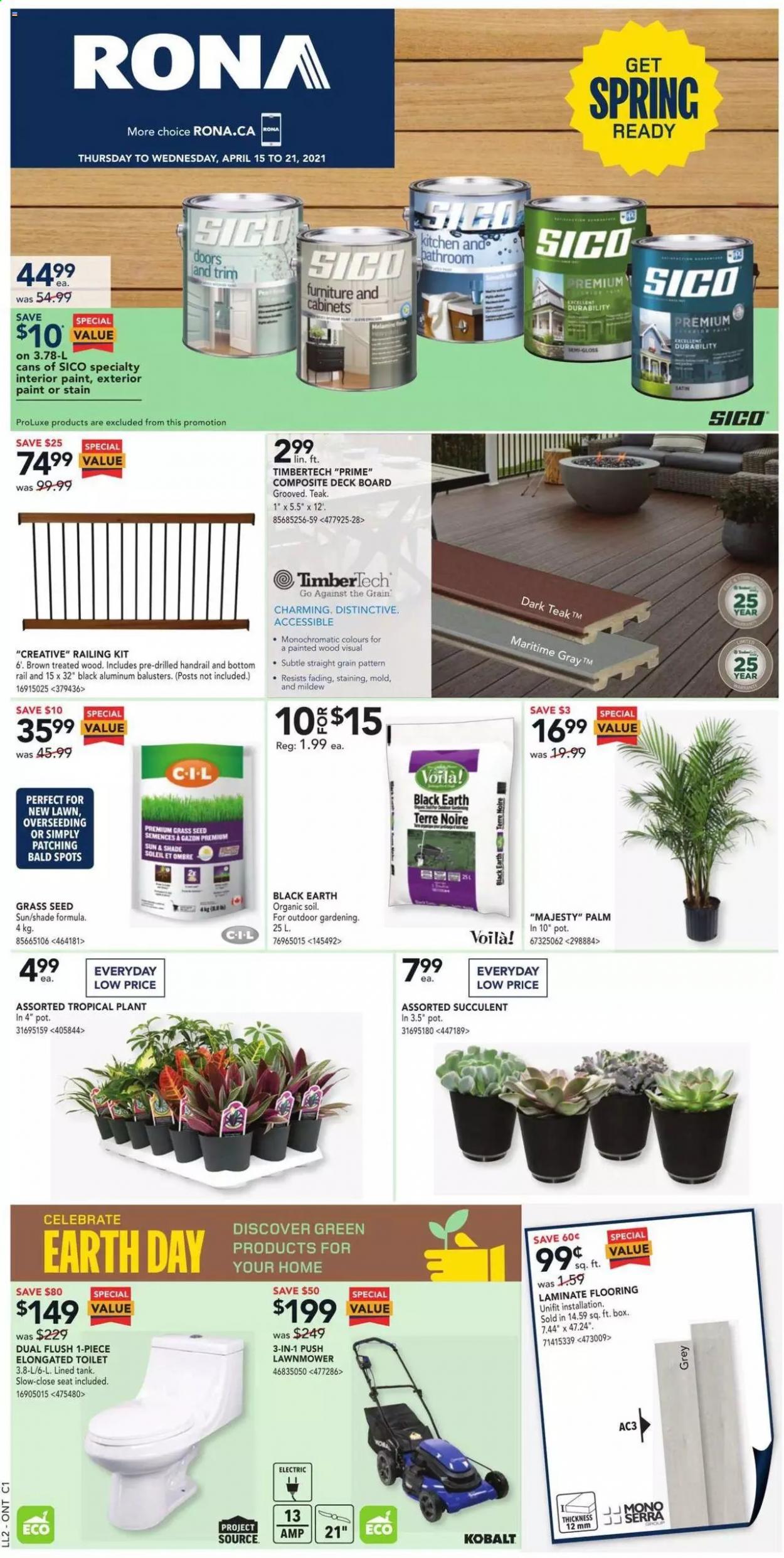 thumbnail - RONA Flyer - April 15, 2021 - April 21, 2021 - Sales products - toilet, flooring, laminate floor, lawn mower, pot, plant seeds, succulent, grass seed, tank. Page 1.