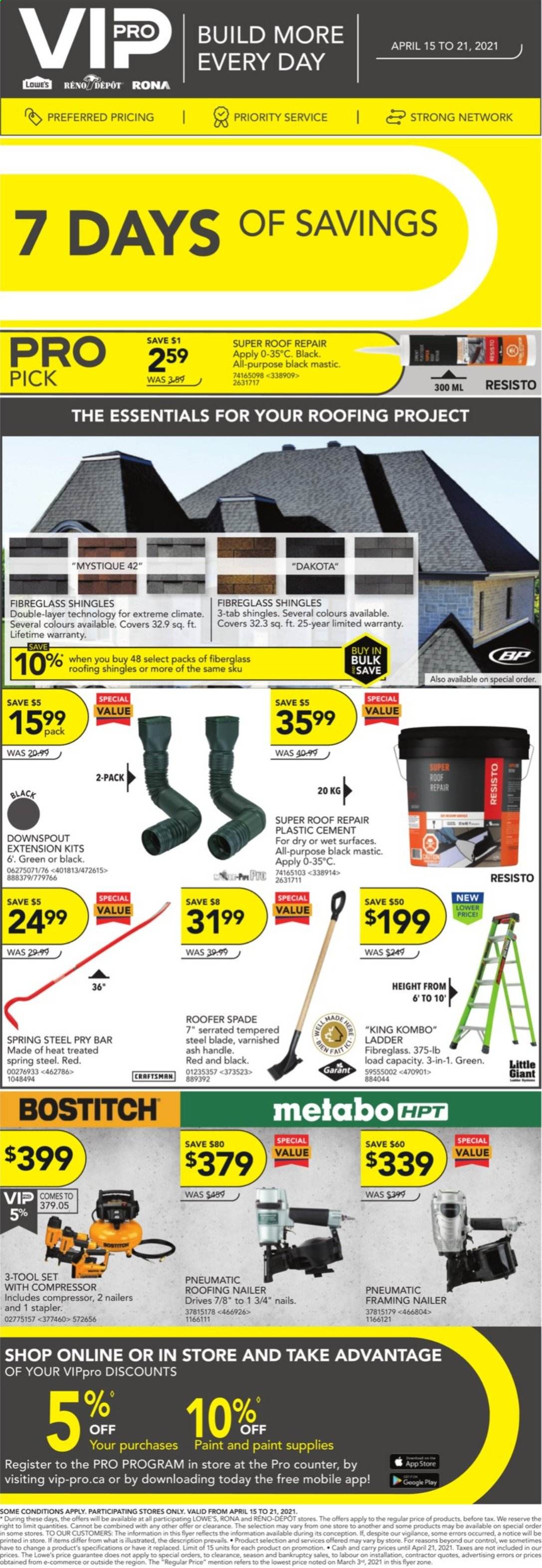 thumbnail - RONA Flyer - April 15, 2021 - April 21, 2021 - Sales products - ladder, paint, shingle, Craftsman, pry bar, tool set, spade, air compressor, stapler. Page 1.
