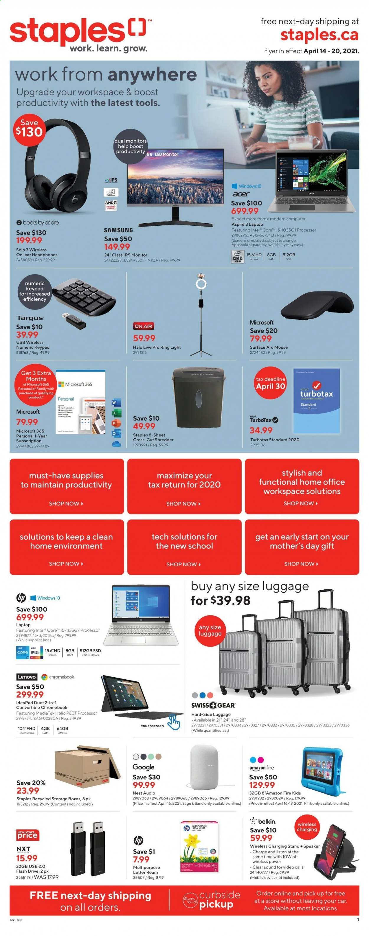 thumbnail - Staples Flyer - April 14, 2021 - April 20, 2021 - Sales products - Intel, Acer, Amazon Fire, paper, charging stand, chromebook, computer, flash drive, mouse, Beats, shredder, laptop, Lenovo, monitor, Samsung. Page 1.