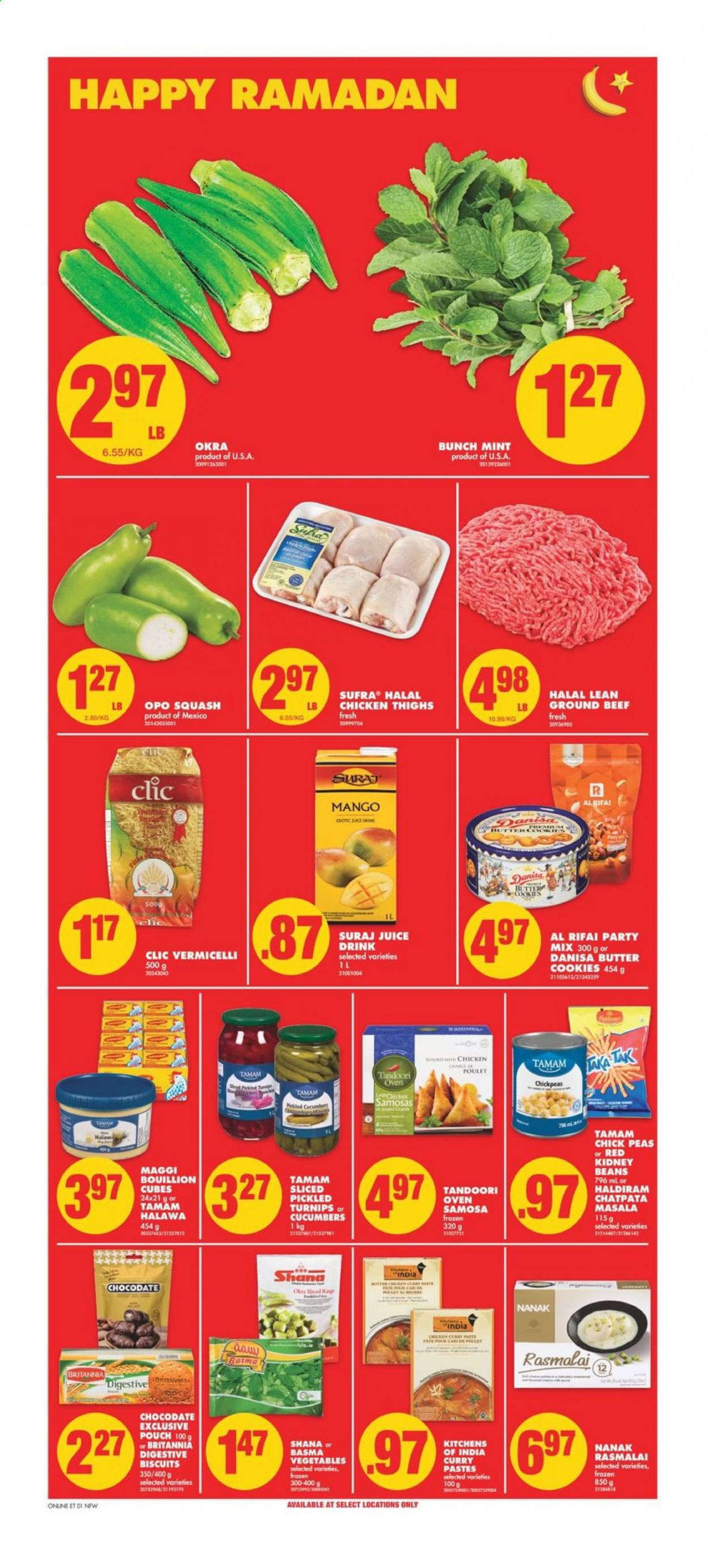 thumbnail - No Frills Flyer - April 16, 2021 - April 22, 2021 - Sales products - beans, cucumber, peas, okra, mango, cookies, butter cookies, biscuit, Digestive, Maggi, kidney beans, chickpeas, curry paste, juice, chicken thighs, chicken, beef meat, ground beef, turnips. Page 1.