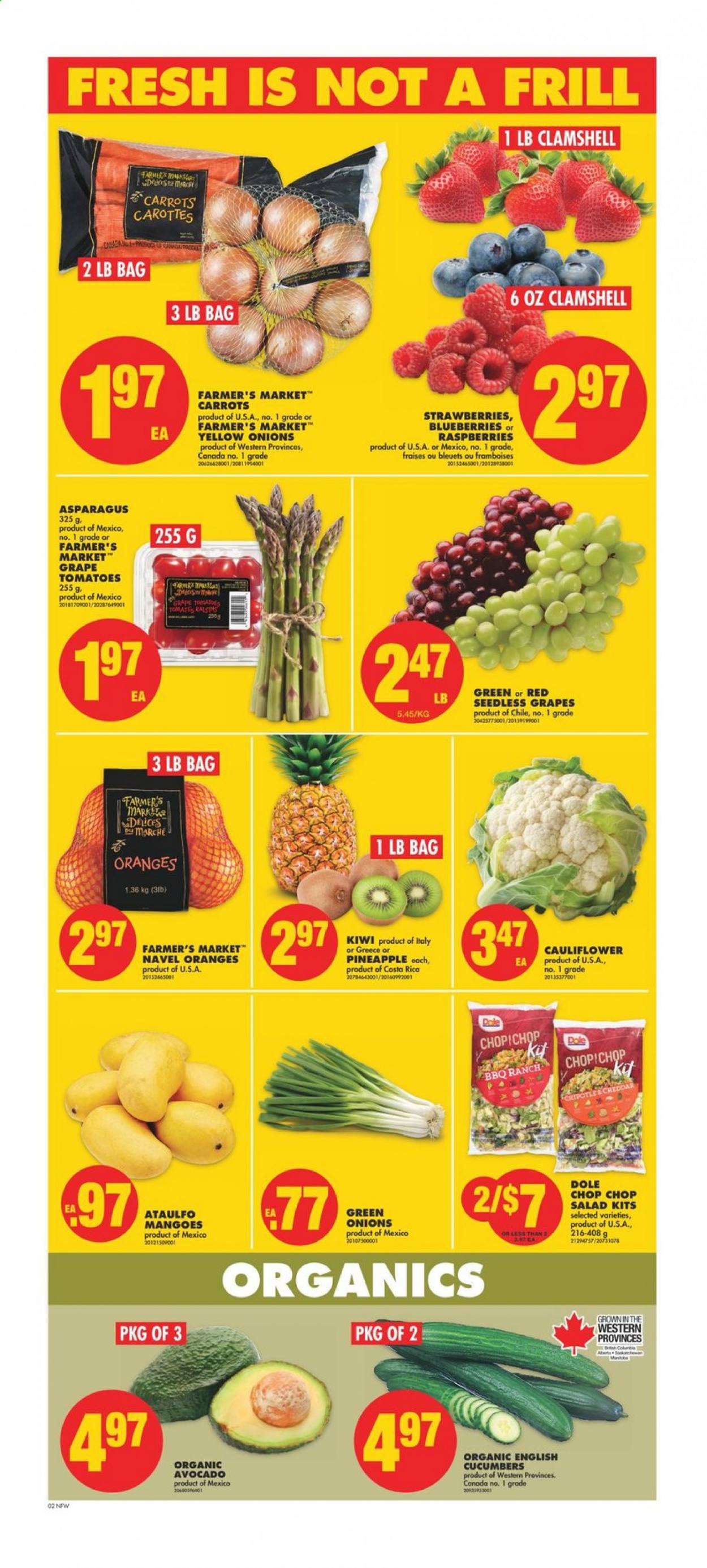 thumbnail - No Frills Flyer - April 16, 2021 - April 22, 2021 - Sales products - asparagus, carrots, cauliflower, cucumber, tomatoes, salad, Dole, green onion, avocado, blueberries, seedless grapes, strawberries, navel oranges, cheese, kiwi. Page 3.