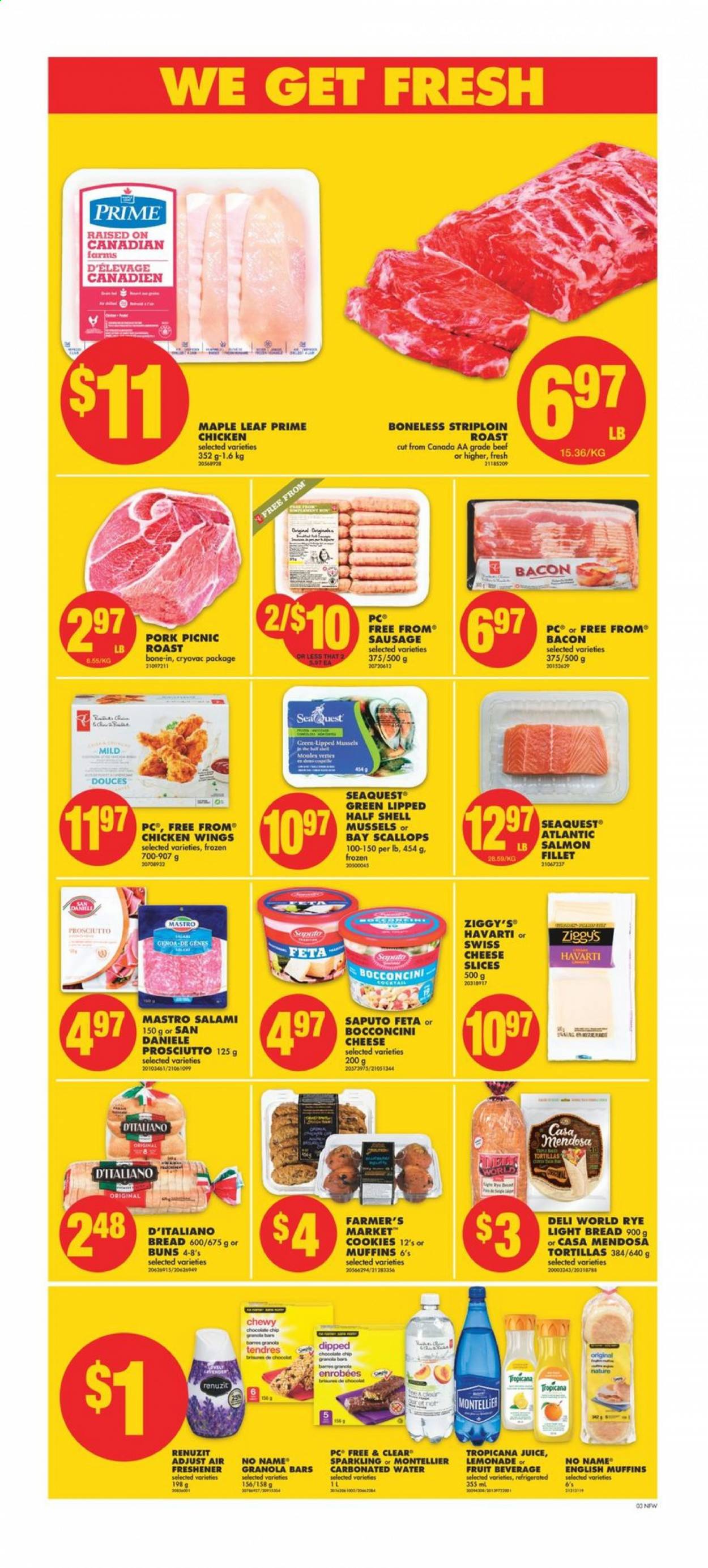 thumbnail - No Frills Flyer - April 16, 2021 - April 22, 2021 - Sales products - bread, english muffins, tortillas, buns, mussels, salmon, scallops, No Name, bacon, salami, prosciutto, sausage, bocconcini, sliced cheese, swiss cheese, Havarti, cheese, feta, chicken wings, cookies, granola bar, lemonade, juice, Renuzit, air freshener, Shell. Page 4.