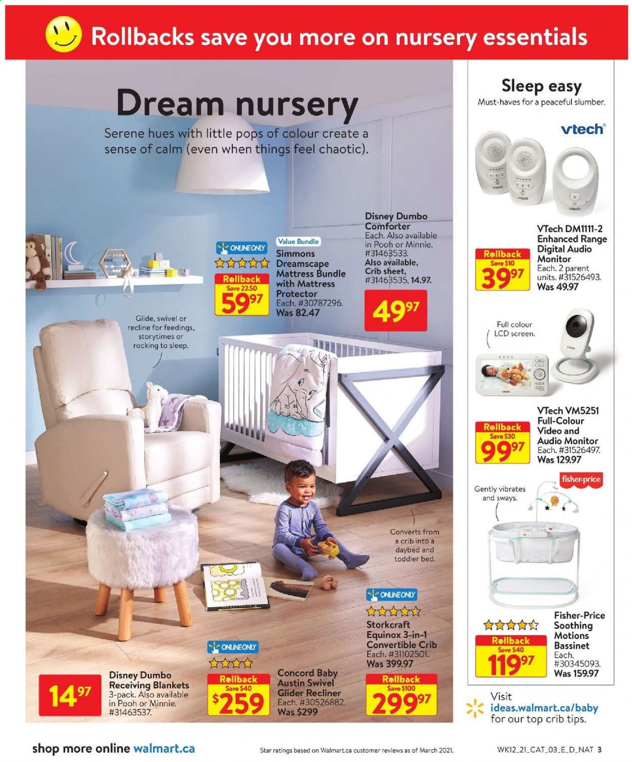 thumbnail - Walmart Flyer - April 15, 2021 - April 28, 2021 - Sales products - Disney, Minnie Mouse, blanket, comforter, mattress protector, recliner chair, bed, daybed, mattress, Simmons, crib, Vtech, Fisher-Price, monitor. Page 3.
