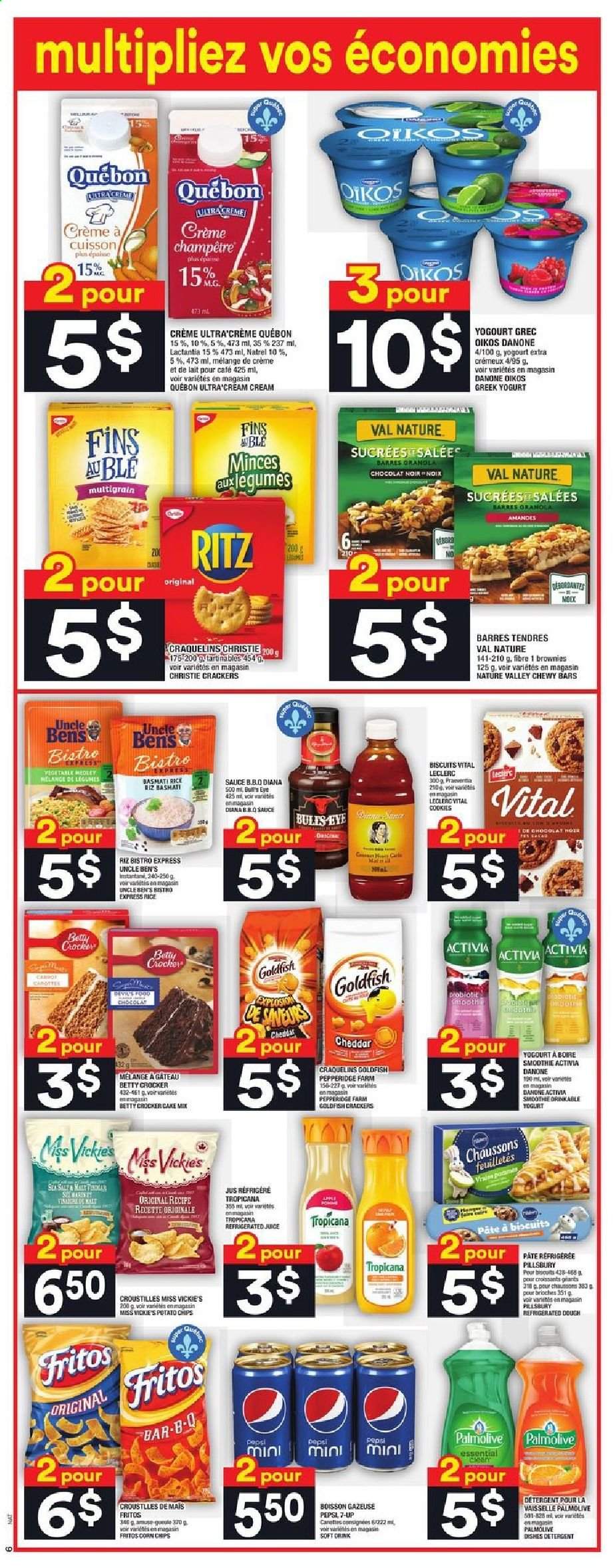 thumbnail - Super C Flyer - April 15, 2021 - April 21, 2021 - Sales products - cake, croissant, brownies, sauce, Pillsbury, cheese, greek yoghurt, yoghurt, Activia, Oikos, cookies, crackers, biscuit, RITZ, Fritos, Goldfish, Uncle Ben's, Nature Valley, basmati rice, rice, Pepsi, soft drink, 7UP, Palmolive, Danone, chips. Page 7.