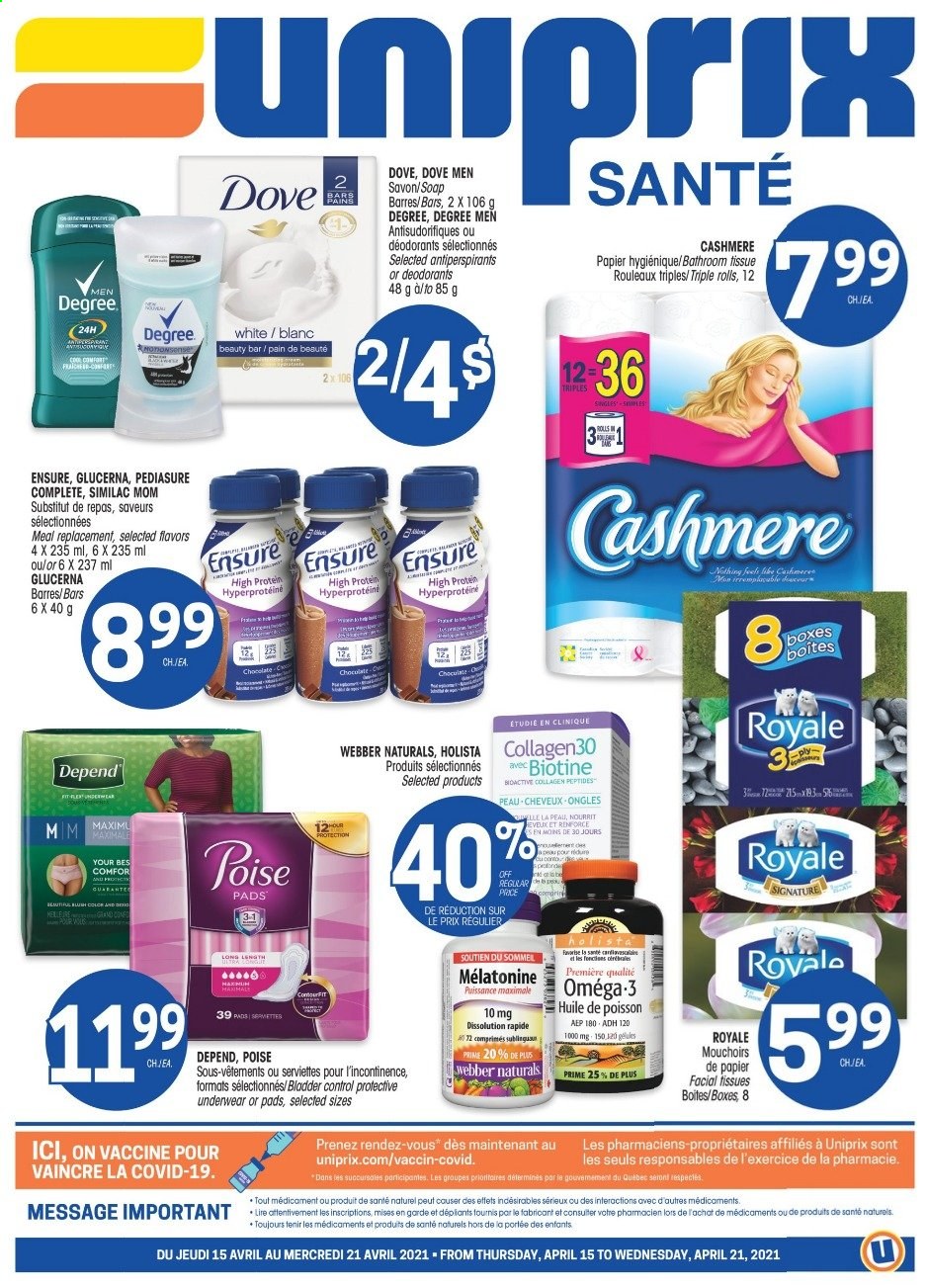 thumbnail - Uniprix Santé Flyer - April 15, 2021 - April 21, 2021 - Sales products - Similac, bath tissue, soap, Clinique, facial tissues, Omega-3, Glucerna, deodorant. Page 1.