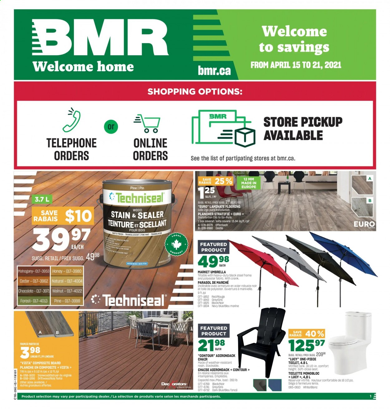 thumbnail - Circulaire BMR - 15 Avril 2021 - 21 Avril 2021 - Produits soldés - chaise, plancher, parasol. Page 1.