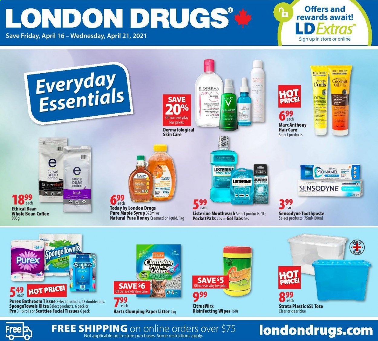 thumbnail - London Drugs Flyer - April 16, 2021 - April 21, 2021 - Sales products - coconut oil, oil, maple syrup, honey, syrup, coffee, wipes, bath tissue, Purex, Vichy, toothpaste, mouthwash, facial tissues, conditioner, sponge, paper, towel, tote, Go!, Listerine, Sensodyne. Page 1.